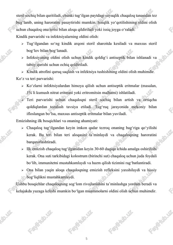 lablar quyidagilarga e’tibor berishni o‘z ichiga oladi: · qattiq gigiyenik tartib: chaqaloqning yuvilishi va kiyimlarining tozaligiga alohida e’tibor berilishi zarur. yuz, qo‘l va tanani muntazam yuvish chaqaloqning terisining toza va sog‘lom bo‘lishini ta’minlaydi. · havo almashinuvi: chaqaloqning uxlash joyi toza va yaxshi shamollatilgan bo‘lishi kerak. bu havoning yangilanishini va bakteriyalarning tarqalishining oldini oladi. · chaqaloqning qo‘l va yuzini tozalash: chaqaloqning qo‘lini va yuzini muntazam artib turish kerak, chunki ular muhit bilan doimiy aloqada bo‘ladi. · chaqaloqning kiyimlarini va tagliklarini muntazam almashtirish: kiyimlar va tagliklar gigiyenik bo‘lishi kerak, shuningdek ular chaqaloqning terisini tirnashdan himoya qiladi. chaqaloq kiyimlari va uxlash sharoitlari chaqaloq kiyimlari va uxlash sharoitlari uning sog‘lom rivojlanishi uchun juda muhimdir. · kiyimlar: chaqaloqqa yumshoq, toza va ularning terisini siqmasdan, havoni o‘tkazib yuboradigan kiyimlar kiydirish lozim. kiyimlar tabiatiga qarab, issiq va sovuq mavsumlarga mos ravishda tanlanadi. · uxlash sharoitlari: chaqaloqning yotoq joyi yumshoq va xavfsiz bo‘lishi kerak. uxlash joyi yaxshi shamollatilgan, …