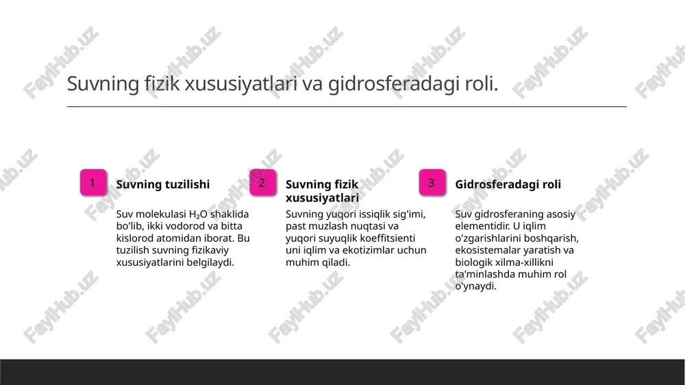 ratilgan loyihalar, masalan, sug'orish tizimlarini modernizatsiya qilish va suv tejovchi agrar texnologiyalarni joriy etish orqali amalga oshirilmoqda. 3 xalqaro tajribalar jahon miqyosida, masalan, isroil va niderlandiya kabi mamlakatlar suvni tejash va boshqarish bo'yicha ilg'or tajribalarni namoyish etmoqda. ular suv resurslarini samarali va barqaror foydalanishga erishgan. okeanlar: yer gidrosferasining eng katta suv omillari. okeanlar yer gidrosferasining eng katta suv omillari bo'lib, ular sayyoramizning 71% ni qamrab oladi. ularning ekologik ahamiyati beqiyosdir, chunki ular iqlimni tartibga solish, biologik xilma-xillikni saqlash va insoniyat uchun oziq-ovqat manbai hisoblanadi. okeanlar, shuningdek, global suv aylanishida muhim rol o'ynaydi. photo by hyundai motor group on unsplash dengizlar: ekologik tizimlar va ularning ahamiyati. dengizlar turlari dengizlar turli xil ekosistemalardan iborat bo'lib, ularning har biri o'ziga xos biologik xilma-xillikka ega. misol uchun, oq dengiz va qizil dengiz o'ziga xos organizmlarga boy. ekologik roli dengizlar global ekologik tizimda muhim rol o'ynaydi, ularning suv osti xayvonlari va o'simliklari karbonat dioksidni so'rib, …