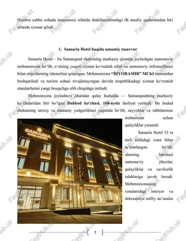 di. bu xizmatlar mehmonlarga yanada sifatli va to‘laqonli dam olish imkonini beradi. konferensiya va uchrashuv xonalari: mehmonxonada biznes-sayohatchilar uchun zamonaviy jihozlangan konferensiya va uchrashuv xonalari mavjud. ushbu xonalar taqdimotlar, seminarlar, ish uchrashuvlari va boshqa rasmiy tadbirlarni o‘tkazish uchun qulay sharoit yaratadi. uchrashuv xonalari yuqori sifatli audio-video uskunalar bilan ta’minlangan bo‘lib, ish jarayonining samaradorligini oshirishga xizmat qiladi. shuningdek, mehmonlarga professional xizmat ko‘rsatish orqali biznes faoliyatini muvaffaqiyatli amalga oshirish imkoniyatlari kengaytirilgan. kutib olish va qo‘llab-quvvatlash xizmati mavjud: mehmonxonada mehmonlarni samimiy kutib olish va ularning barcha ehtiyojlarini qondirish uchun profesional qo‘llab-quvvatlash xizmati tashkil etilgan. bu xizmat mehmonlarning joylashuvi, ma’lumot olish, transport tashkiliyoti va boshqa tashkiliy masalalar bo‘yicha yordam ko‘rsatishni o‘z ichiga oladi. kutib olish xodimlari do‘stona va muloyim munosabatda bo‘lib, mehmonlarning qulayligi va mamnunligini ta’minlashga intiladi. shunday qilib, mehmonxonada mijozlarga sifatli va uzluksiz xizmat ko‘rsatish tizimi samarali yo‘lga qo‘yilgan. samaria hotelning boshqaruv tizimi samarali tashkil etilgan bo‘lib, unda malakali mutaxassislar faoliyat yuritadi. xodimlar …