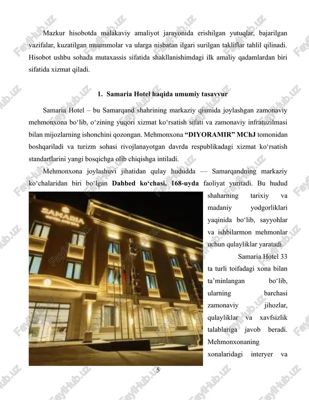 i oshirish uchun qulay sharoit yaratadi. bu xizmatlar mehmonlarga yanada sifatli va to‘laqonli dam olish imkonini beradi. konferensiya va uchrashuv xonalari: mehmonxonada biznes-sayohatchilar uchun zamonaviy jihozlangan konferensiya va uchrashuv xonalari mavjud. ushbu xonalar taqdimotlar, seminarlar, ish uchrashuvlari va boshqa rasmiy tadbirlarni o‘tkazish uchun qulay sharoit yaratadi. uchrashuv xonalari yuqori sifatli audio-video uskunalar bilan ta’minlangan bo‘lib, ish jarayonining samaradorligini oshirishga xizmat qiladi. shuningdek, mehmonlarga professional xizmat ko‘rsatish orqali biznes faoliyatini muvaffaqiyatli amalga oshirish imkoniyatlari kengaytirilgan. kutib olish va qo‘llab-quvvatlash xizmati mavjud: mehmonxonada mehmonlarni samimiy kutib olish va ularning barcha ehtiyojlarini qondirish uchun profesional qo‘llab-quvvatlash xizmati tashkil etilgan. bu xizmat mehmonlarning joylashuvi, ma’lumot olish, transport tashkiliyoti va boshqa tashkiliy masalalar bo‘yicha yordam ko‘rsatishni o‘z ichiga oladi. kutib olish xodimlari do‘stona va muloyim munosabatda bo‘lib, mehmonlarning qulayligi va mamnunligini ta’minlashga intiladi. shunday qilib, mehmonxonada mijozlarga sifatli va uzluksiz xizmat ko‘rsatish tizimi samarali yo‘lga qo‘yilgan. samaria hotelning boshqaruv tizimi samarali tashkil etilgan bo‘lib, unda …