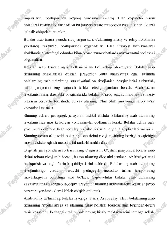 g kundalik hayotimizda muhim rol o'ynaydi, chunki hissiyotlar orqali biz o'zimizni, boshqalarni va atrofdagi dunyoni qanday qabul qilishimizni anglaymiz. hissiyotlar insonning o'zini tutishiga, atrofdagi odamlar bilan munosabatlar o'rnatishiga, shuningdek, uning qarorlar qabul qilishiga ta'sir ko'rsatadi. yosh bolalar hissiyotlarini ko'pincha ifodalashda qiynalishadi, chunki ularning asab tizimi va psixologik holatlari hali to'liq shakllanmagan. bolalarning hissiyotlari, asosan, o'z tajribalari va atrof-muhit bilan o'zaro aloqalaridan shakllanadi. hissiyotlarning shakllanishi bolaning individual rivojlanishiga va uning atrof- muhitga moslashish qobiliyatiga ta'sir qiladi. hissiyotlar, vaqt o'tishi bilan, faqat instinctiv va oddiy reaksiya sifatida boshlanib, murakkab va anglangan holatlarni ifodalashga o'zgaradi. shuning uchun bolalar hissiyotlarini shakllantirishda ijtimoiy muhit, ota-onalar va o'qituvchilarning o'rni juda muhimdir. hissiyotlarning ta'rifi va bolalar psixologiyasidagi o'rni: hissiyotlar - insonning ijobiy yoki salbiy his-tuyg'ularni anglash jarayoni bo'lib, ular faqat ruhiy, balki jismoniy holatga ham ta'sir qiladi. hissiyotlar bolalarning psixologik rivojlanishida markaziy o'rinni egallaydi, chunki ular bolalarning o'zgaruvchan va turli xildagi holatlarga qanday javob berishlarini belgilaydi. bolalar …