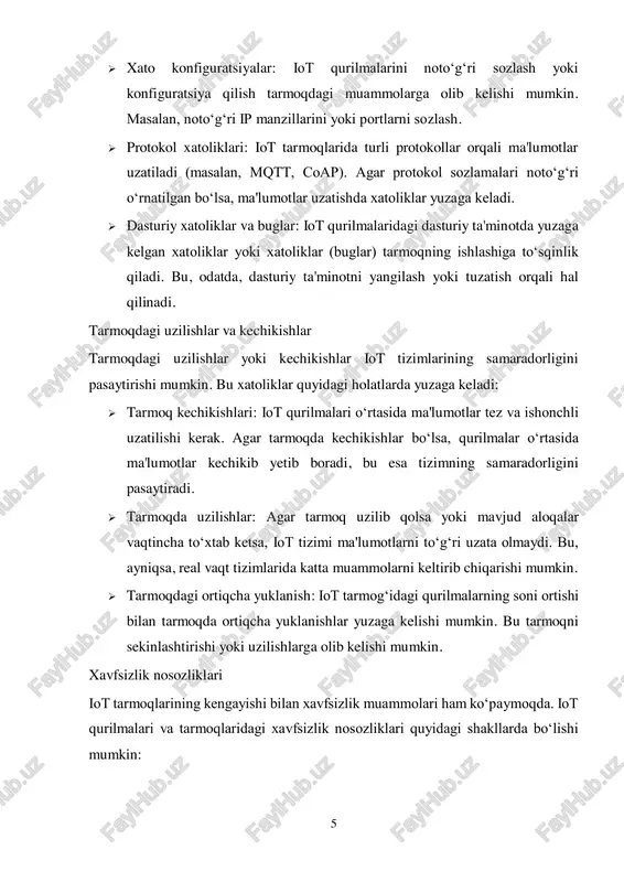 eng asosiy usul hisoblanadi. bu usulda tarmoqning ishlash holati doimiy ravishda monitoring qilinadi va uzatishdagi kechikishlar, paket yo‘qotilishi, uzilishlar va boshqa muammolar aniqlanadi.  tarmoq monitorlaridan foydalanish: tarmoqdagi qurilmalar va ularning holatini doimiy ravishda kuzatib borish uchun maxsus dasturiy ta'minotlardan (masalan, nagios, zabbix) foydalanish mumkin. bu tizimlar tarmoqdagi xatoliklarni avtomatik tarzda aniqlaydi va administratorlarga xabar beradi.  ma'lumotlar oqimi tahlili: iot tarmoqlarida ma'lumotlar oqimi va tarmoq trafigi tahlil qilinadi. bu orqali tarmoqdagi qaysi qurilmalar yoki tarmoq qismida nosozliklar yuzaga kelayotganini aniqlash mumkin.  qo‘llaniladigan asboblar: wireshark, tcpdump kabi tarmoq analizatorlari yordamida tarmoqda uzatilayotgan paketlar tahlil qilinadi, bu esa uzilishlar va xatoliklarni aniqlashga yordam beradi. avtomatik nosozliklarni aniqlash tizimlari iot tarmoqlaridagi nosozliklarni aniqlashda sun'iy intellekt (ai) va mashina o‘rganish algoritmlaridan foydalanish samarali usul bo‘lishi mumkin. bu usulda tizim avtomatik ravishda nosozliklarni aniqlash va bartaraf etish imkoniyatiga ega bo‘ladi. 8  mashina o‘rganish (ml): iot tizimlarida mashina o‘rganish yordamida ma'lumotlarni tahlil qilib, …