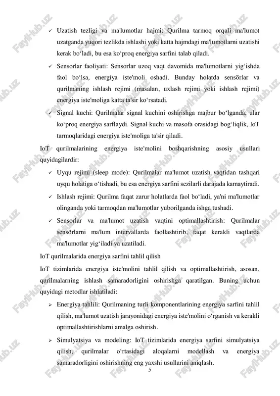 nlash uchun turli algoritmlar va metodlar ishlatiladi. ushbu algoritmlar iot tizimlarining resurslardan samarali foydalanishini ta'minlaydi, shu bilan birga qurilmalarni uzoq muddat ishlash imkoniyatini yaratadi. quyida iot qurilmalarida kam energiya iste'mol qilishni ta'minlovchi asosiy algoritmlar va ularning ishlash prinsiplari ko‘rib chiqiladi: uyqu rejimi (sleep mode) algoritmi iot qurilmalarida energiya iste'molini minimallashtirishning eng samarali usullaridan biri bu ularning uyqu rejimida ishlashidir. uyqu rejimi qurilmaning faqat kerakli vaqtlarda faoliyat yuritishini ta'minlaydi, boshqa vaqtlar esa qurilma pasiv holatda bo‘ladi, bu esa energiya iste'molini sezilarli darajada kamaytiradi.  algoritm ishlash prinsipi: qurilma faqat ma'lumotlarni yig‘ish yoki tarmoq orqali uzatish zarurati tug‘ilganda faol holatga o‘tadi, aks holda esa energiya sarfini kamaytiradigan uyqu rejimiga o'tadi.  afzalliklari: bu usulning asosiy afzalligi - qurilmalarni uzoq muddat ishlashini ta'minlashdir, chunki faqat zarur bo‘lgan vaqtlar davomida faol bo‘lishadi. dinamik voltaj va chastota boshqaruvi (dvfs - dynamic voltage and frequency scaling) dinamik voltaj va chastota boshqaruvi (dvfs) usuli iot qurilmalarining energiya …