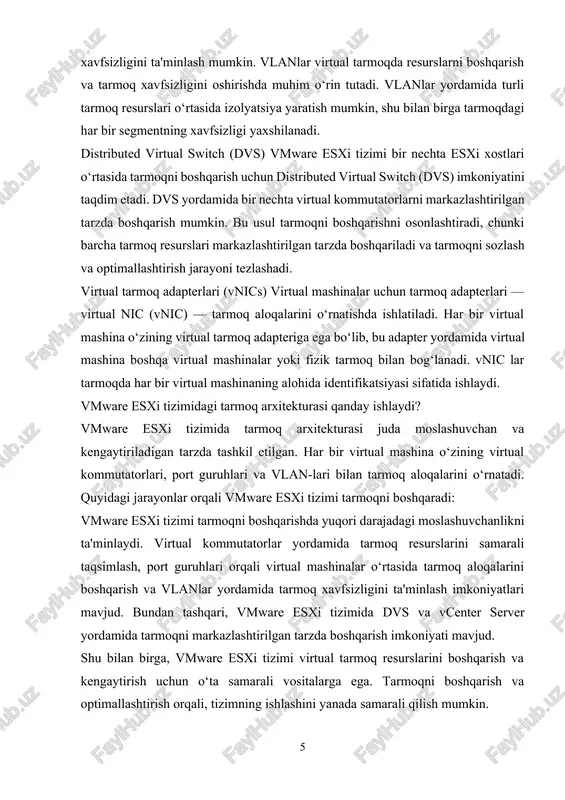 a virtual mashinalarni markazlashtirilgan tarzda boshqarish mumkin. vcenter server yordamida tarmoqni monitoring qilish, tarmoqni optimallashtirish, va xavfsizlikni boshqarish osonlashadi. port guruhlari: port guruhlari yordamida virtual mashinalar o‘rtasida tarmoq aloqalarini tashkil etish mumkin. port guruhlari har bir virtual mashina uchun alohida tarmoq aloqasini ta'minlaydi va ularning ishlashini boshqaradi. port guruhlari orqali tarmoqni konfiguratsiya qilish va boshqarish imkoniyati mavjud. vmware esxi tizimida xavfsizlikni ta'minlash usullari virtual tarmoq xavfsizligini ta'minlashda bir qator mexanizmlar va yondashuvlar mavjud. vmware esxi tizimida xavfsizlikni ta'minlash uchun quyidagi usullarni qo‘llash mumkin: vlanlar (virtual local area networks): vlanlar yordamida tarmoqni segmentatsiya qilish va xavfsizlikni ta'minlash mumkin. vlan yordamida turli virtual mashinalar va tarmoq resurslari o‘rtasida izolyatsiya yaratish mumkin. har bir vlan alohida tarmoq segmentini tashkil qiladi, shu bilan birga tarmoqda xavfsizligini ta'minlaydi. vmware esxi tizimida vlanlarni sozlash va boshqarish oson bo‘lib, turli resurslar o‘rtasida xavfsizlikni oshiradi. network i/o control (nioc): nioc yordamida tarmoq trafikini boshqarish va ma'lumotlar uzatishni prioritetlash …