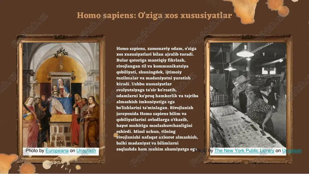 o'zgarishlar izolyatsiya va alohida yashash muammolarini keltirib chiqarishi mumkin. photo by ilya ignatiev on unsplash https://unsplash.com/@honeysuckle_phonie?utm_source=ai_slide_maker&utm_medium=referral https://unsplash.com/photos/leaning-tower-of-pissa-uhurrek2iue?utm_source=ai_slide_maker&utm_medium=referral ijtimoiy muhit va ijtimoiy o'zgarishlar ijtimoiy muhitning o'zgarishlari odamlarning rivojlanishiga ta'sir qiladi. ● ijtimoiy muhitdagi o'zgarishlar zamonaviy odamlarning rivojlanishiga katta ta'sir ko'rsatadi. iqtisodiy va madaniy o'zgarishlar, shuningdek, inqirozlar va globalizatsiya, odamlarning xulq-atvorini va fikrlarini o'zgartiradi. misol uchun, yangi texnologiyalar odamlarning muloqot usullarini o'zgartirib, ijtimoiy tarmoqlar orqali munosabatlarni yangi shakllarga olib kelmoqda. bu o'zgarishlar, shuningdek, odamlarning hissiy va ijtimoiy rivojlanishiga ta'sir ko'rsatadi. zamonaviy odamning madaniy rivojlanishi ● zamonaviy odamning madaniy rivojlanishi insoniyat tarixidagi muhim jarayonlardan biridir. madaniyat nafaqat san'at va adabiyot, balki urf- odatlar bilan ham bog'liqdir. san'at turli shakllarda ifodalanadi, masalan, musiqada, rasmda va haykaltaroshlikda. adabiyot esa insoniyatning fikr va his-tuyg'ularini ifoda etishning bir vositasi sifatida muhim ahamiyatga ega. urf-odatlar esa jamiyatning an'anaviy qadriyatlarini va usullarini o'z ichiga oladi. ● madaniy rivojlanish zamonaviy jamiyatga jiddiy ta'sir ko'rsatadi. u odamlarning dunyoqarashini kengaytiradi, ijodkorlikka rag'batlantiradi …