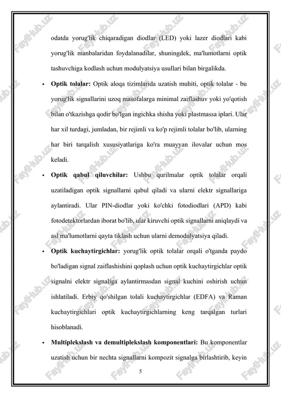 sa yorug'lik signallarining uzoq masofalarga minimal yo'qotish bilan samarali uzatilishini ta'minlaydi. 2. optik tolali komponentlar · yadro : yadro optik tolaning markaziy qismi bo'lib, u orqali yorug'lik o'tadi. odatda yuqori sifatli silika oynasidan tayyorlanadi, bu past optik yo'qotish va yorug'likning samarali tarqalishini ta'minlaydi. · qoplama : yadroni o'rab turgan qoplama yadrodan pastroq sinishi indeksiga ega. sinishi ko'rsatkichlaridagi bu farq yadro ichidagi yorug'likni cheklab, to'liq ichki aks ettirishni osonlashtiradi. · qoplama : himoya qoplamasi qoplamani qoplaydi, mexanik kuch va atrof-muhit omillaridan himoya qiladi. 3. yorug'lik manbalari · lazerlar : lazerlar kogerent va monoxromatik tabiati tufayli optik aloqada yorug'lik manbalari sifatida keng qo'llaniladi. ular ma'lumotni tashish uchun modulyatsiya qilinishi mumkin bo'lgan kuchli yorug'lik nurlarini hosil qiladi. · yorug'lik chiqaradigan diodlar (ledlar) : ledlar, ayniqsa, qisqa masofali ilovalarda ishlatiladigan yorug'lik manbalarining yana bir turidir. ular lazerlarga qaraganda kengroq yorug'lik spektrlarini chiqaradilar. 4. modulyatsiya va demodulyatsiya · modulyatsiya : ma'lumot yorug'lik to'lqiniga uning amplitudasini …