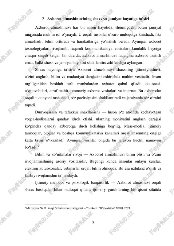 at hayotining ajralmas qismidir. u ijtimoiy ongni shakllantiradi, taraqqiyotga turtki beradi, shuningdek, insonlar o‘rtasidagi o‘zaro tushunish va hamkorlikni kuchaytiradi. ammo bu jarayon ongli, madaniyatli va mas’uliyatli yondashuvni talab qiladi. shaxsiy va ijtimoiy manfaatlar uyg‘unligida axborot almashuvining to‘g‘ri tashkil etilishi barqaror va taraqqiy etuvchi jamiyat garovidir.4 4 axborot va kommunikatsiya texnologiyalarini rivojlantirish strategiyasi – 2023–2030 yillar. 7 3. axborot almashinuvini samarali tashkil etishning omillari axborot almashinuvi — bu ikki yoki undan ortiq shaxslar, guruhlar yoki tizimlar o‘rtasida ma’lumotlar, fikrlar, his-tuyg‘ular va tajribalarni o‘zaro yetkazish jarayoni bo‘lib, uni samarali tashkil etish — har qanday sohadagi muvaffaqiyatning asosi hisoblanadi. samarali axborot almashinuvi odamlar orasidagi tushunmovchiliklarni kamaytiradi, hamkorlikni kuchaytiradi, qaror qabul qilishni tezlashtiradi va ijtimoiy tizimlarda muvofiqlikni ta’minlaydi. axborot almashinuvining samaradorligi bir qancha ichki va tashqi omillar bilan belgilanadi. quyida ushbu omillar guruhlarga ajratilgan holda ko‘rib chiqiladi: axborot sifati: axborotning mazmunan to‘g‘ri, dolzarb, aniq va tushunarli bo‘lishi — samarali almashinuvning eng asosiy omilidir. quyidagi …
