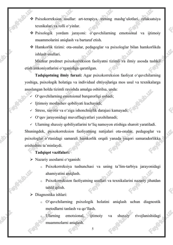 korreksion faoliyatning samaradorligini vizual tarzda ko‘rsatish. · amaliy metodlar: · trening mashg‘ulotlari: guruh va individual shaklda psixokorreksion mashg‘ulotlarni tashkil etish. · relaksatsiya texnikalari: stress va xavotirni kamaytirishga qaratilgan amaliy mashqlar. · art-terapiya: rassomlik, musiqiy terapiya va boshqa ijodiy yondashuvlardan foydalanish. ushbu metodlar tadqiqotning nazariy va amaliy jihatlarini o‘rganish hamda olingan natijalarni tahlil qilish imkonini beradi.[footnoteref:3] [3: g‘afurov, f. (2019). psixologik korreksiya va uning metodlari. toshkent: fan va texnologiya nashriyoti. ] mavzuning o’rganilganlik darajasi: o‘quvchilar bilan psixokorreksion faoliyat olib borish masalasi ilmiy va amaliy jihatdan dolzarb bo‘lib, ko‘plab tadqiqotchilar tomonidan o‘rganib kelinmoqda. ushbu mavzu quyidagi asosiy yo‘nalishlarda o‘rganilgan: · psixokorreksiya nazariyasi: · psixokorreksiyaning mazmuni, usullari va texnikalari haqidagi bilimlar a. bandura, k. levin, va v.v. boyko kabi psixologlar tomonidan ishlab chiqilgan. · o‘zbek psixologiyasida psixokorreksiya haqida d. karimov va m. azizovning asarlarida fikrlar berilgan. · bolalar va o‘smirlar psixologiyasi: · l.s. vygotskiy, a.n. leontev va d.b. elkonin o‘quvchilarning shaxsiy va psixologik …