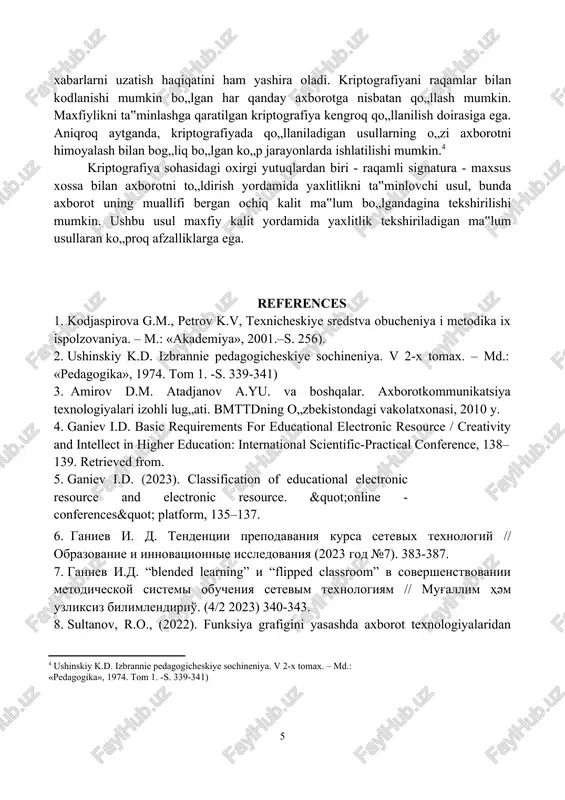 andart (des) qabul qilindi. ikkinchidan, amerikalik matematiklar u.diffi va m.xellmanning ishidan so'ng "yangi kriptografiya" paydo bo'ldi - ochiq kalitli kriptografiya.[footnoteref:3] [3: kodjaspirova g.m., petrov k.v, texnicheskiye sredstva obucheniya i metodika ix ispolzovaniya. – m.: «akademiya», 2001.–s. 256). ] ushbu ikkala voqea tez rivojlanayotgan aloqa vositalarining, shu jumladan himoya qilish uchun oson va ishonchli kriptografik vositalarning zarur bo'lgan mahalliy va global kompyuter tarmoqlarining ehtiyojlaridan kelib chiqqan. kriptografiya nafaqat harbiy, diplomatik, davlat sohalarida, balki tijorat, bank va boshqa sohalarda ham keng talabga aylandi. steganografiya - bu xabarning mavjudligini yashirish uchun mo'ljallangan usullar to'plami. masalan: 1. yashirin xabarni etkazishi uchun oddiy matnda so'zlar yoki harflarni tartibga solish. 2. belgilarni belgilash. 3. ko'rinmas siyoh. 4. ponksiyon qog'ozi. 5. tuzatish lentasi yordamida chiziqlar orasida bosib chiqarish. bunday usullarning o'zi arxaik ko'rinishga ega, ammo ularning zamonaviy ekvivalentlari mavjud. masalan, cd-ning video ramkalaridagi ahamiyatsiz bitlardan foydalangan holda xabarlarni yashirish. hozirgi vaqtda bunday operatsiyalarni amalga oshirishga imkon beradigan …