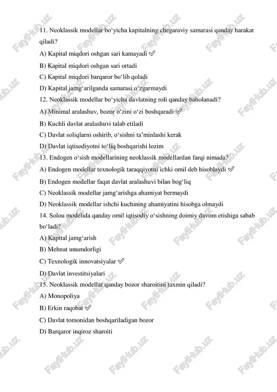 o‘sish modellari nima? solou modeli qanday ishlaydi? iqtisodiy o‘sishda texnologiyaning muhimligi keyns ta’limoti va neoklassik model farqi neoklassik modellar qanday asosiy omillarga tayanadi? kapital va mehnat iqtisodiy o‘sishga ta’siri “steady-state” tushunchasi konvergensiya gipotezasi nimani anglatadi? rivojlanayotgan mamlakatlar ham o‘sishi mumkin solou modelining cheklovlari neoklassik modellarda davlat roli qanday baholanadi? bozor iqtisodiyoti samarali resurs taqsimlaydi neoklassik modelda jamg‘arishning roli innovatsiyalar va iqtisodiy o‘sish o‘rtasidagi bog‘liqlik texnologik taraqqiyot uzoq muddatli o‘sish uchun muhim endogen va neoklassik modellar farqi iqtisodiy o‘sishga ta’sir qiluvchi eng muhim omillar nimalar? innovatsiyalar investitsiyalarning samaradorligini oshiradi 9. slayd tayyorlash; worda qilishni iloji bulmagani uchun alohida powepointda tayyorladim 10. krassvord tayyorlash. 2m 1 d u e l h 5 i n v e 6 s t 4 r a o 3 k r e d i t l i 7 i q l i 8 m n q a v k e s s t 1. maks – maksimal …