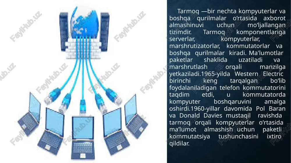 bo‘ladi. foydalanilgan adabiyotlar: 1. m.m. musaev, a.a.qaxxorov, m.m. karimov. komp’yuter tarmoqlarini yig‘ish (arxitekturasi, qurilmalari, uskunalari). akademik litsey va kasb-hunar kollejlari uchun o‘quv qo‘llanma. toshkent, «ilm-ziyo» 2006. –160 b. m.m. musaev m.m. musaev, a.a.qaxxorov, m.m. karimov. komp’yuter tarmoqlarini yig‘ish (arxitekturasi, qurilmalari, uskuna lari). akademik litsey va kasb-hunar kollejlar m.m. musayev “kompyuter tizimlari va tarmoqlari”. toshkent.: “aloqachi” nashriyoti, 2013 yil. 8 bob. 394 bet. –oliy o‘quv yurtlari uchun qo‘llanma. z.z. miryusupov, j.x.djumanov. kompyuter tarmoqlari. o‘quv qo‘llanma-t.: «aloqachi»,-2020,-144 bet. a.a. qaxxorov, yu.sh. avazov, u.a. ruziyev. kompyuter tizimlari va tarmoqlari.-t.:«fan va texnologiya»,2019, 456 bet image2.jpeg image3.png image4.png image5.jpeg image6.png image7.png image8.jpeg image9.jpeg image10.jpeg image11.png image12.jpeg image13.jpeg /docprops/thumbnail.jpeg