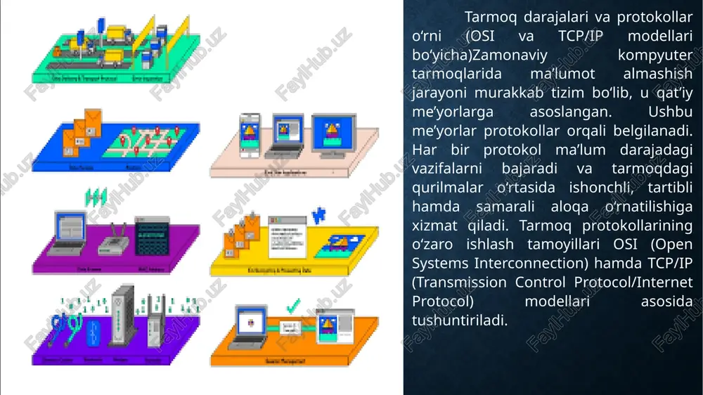 etni oladi va uni tegishli ilovaga yetkazadi. asosiy qism: 3. protokollarni tahlil va taqqoslash protokollarni tahlil va taqqoslashzamonaviy kompyuter tarmoqlarida ma’lumot almashish jarayoni bir nechta darajadagi protokollar orqali amalga oshiriladi. har bir protokol o‘zining aniq funksiyasiga, ishlash mexanizmlariga va ma’lumot uzatish uslubiga ega. internet tarmog‘ida eng muhim va keng qo‘llaniladigan protokollar — ip (internet protocol), tcp (transmission control protocol) va udp (user datagram protocol) hisoblanadi. quyida ushbu protokollarning texnik xususiyatlari, afzalliklari va kamchiliklari tahlil qilinadi hamda ular o‘zaro taqqoslanadi. ip protokolining tahliliip (internet protocol) tarmoq darajasiga mansub bo‘lib, tarmoqlarda paketlarni manzillash va yo‘naltirish (marshrutlash) funksiyasini bajaradi. uning asosiy vazifasi — ma’lumotni bir kompyuterdan boshqasiga yetkazish, ya’ni manzildan manzilga uzatishdir.ip protokolining afzalliklari:universallik – turli tarmoq texnologiyalarida ishlay oladi;moslashuvchanlik – har xil marshrutlar orqali ma’lumot uzatish imkoniyati;soddalik – minimal boshqaruv yukiga ega, tez ishlaydi.kamchiliklari:ishonchlilikning yo‘qligi – paketlar yo‘qolishi yoki tartib buzilishi mumkin;aloqa nazorati yo‘q – paketlar yetkazilganini ip o‘zi tekshirmaydi;trafikni boshqarish mexanizmi …