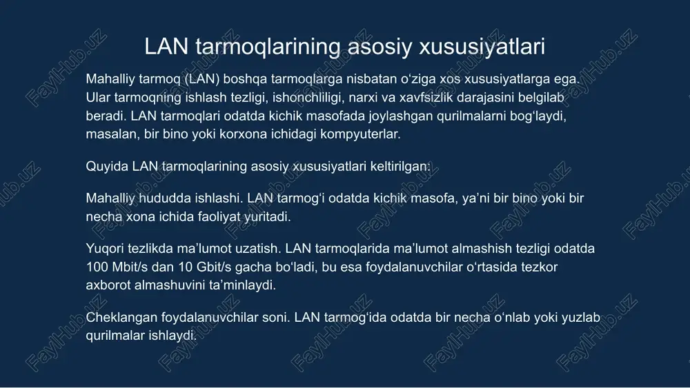 ini topish ba’zida qiyin bo‘ladi. 7 tarmoqning fizik cheklovlari lan odatda kichik masofalarda ishlaydi; katta masofa qo‘shimcha uskuna talab qiladi. 8 ish unumdorligiga ta’siri hatto kichik nosozlik ham bir nechta foydalanuvchilarning ishini sekinlashtirishi mumkin. lan tarmoqlarini tashkil etish tamoyillari maqsad va vazifalarni aniqlash tarmoq topologiyasini tanlash uskuna va kabel tanlash tarmoq adreslash va protokollarni belgilash xavfsizlikni ta’minlash lan tarmoqlarining amaliy qo‘llanilishi lan tarmoqlari kundalik hayot va tashkilotlarda juda keng qo‘llaniladi. ular ma’lumot almashish, resurslarni birgalikda ishlatish va ish samaradorligini oshirish uchun juda muhim. ofis va korxonalarda barcha xodimlar yagona tarmoq orqali fayllar, hujjatlar va dasturlar bilan ishlashi mumkin. printer, skaner va boshqa qurilmalar umumiy ishlatiladi, bu xarajatlarni kamaytiradi. tarmoq orqali elektron pochta, chat va videokonferensiyalar tashkil qilinadi. ta’lim muassasalarida kompyuter sinflari lan orqali bog‘lanib, o‘quvchilar va o‘qituvchilar o‘rtasida material almashish imkonini beradi. ma’lumotlar bazasi va elektron kutubxonaga tezkor kirish ta’minlanadi. simli yoki simsiz lan tarmoqlari orqali online testlar va darslarni …