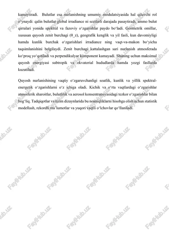 erik sharoitlar, bulutlilik va aerosol konsentratsiyasidagi tezkor o‘zgarishlar bilan bog‘liq. tadqiqotlar va tizim dizaynlarida bu noaniqliklarni hisobga olish uchun statistik modellash, rekordli ma’lumotlar va yuqori vaqtli o‘lchovlar qo‘llaniladi. 2. quyosh energiyasini qabul qilish va yutilish jarayoni. quyosh energiyasini qabul qilish va yutilish jarayoni — quyoshdan kelgan elektromagnit nurlanishning optik yoki mexanik elementlar orqali yutilib, termal energiyaga aylantirilishini ifodalaydi. ushbu jarayonning samarali ishlashi optik yutilish (absorbsion) xususiyatlari, yuzaning spektral selektivligi, geometrik konfiguratsiya va issiqlik almashinuvi mexanizmlarining o‘zaro hamkorligiga bog‘liq. fotondan termal energiyaga konversiya asosan yutiluvchi materiallar ichida atom va molekulalarning elektron va fonon tizimlari o‘rtasidagi o‘zaro ta’sir orqali sodir bo‘ladi; natijada foton energiyasi termik vibratsiyalarga o‘tadi va sirt harorati ko‘tarladi. optik yutilishning eng muhim parametrlari — yutilish koeffitsienti (α), reflektivlik (ρ) va emissivlik (ε) bo‘lib, ular to‘lqin uzunligiga (λ) bog‘liq holda spektral funksiyalar sifatida ifodalanadi. samarali quyosh yig‘uvchi sirt uchun yuqori α(λ) va past ε(λ) qiymatlari maqsadga muvofiq hisoblanadi, chunki yuqori …