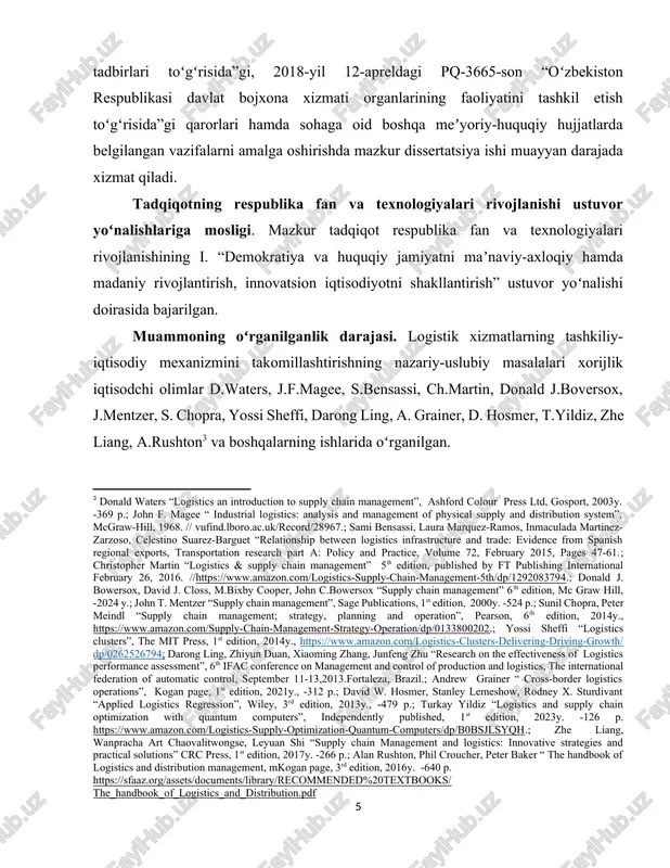 ecord/28967.; sami bensassi, laura marquez-ramos, inmaculada martinez-zarzoso, celestino suarez-barguet “relationship between logistics infrastructure and trade: evidence from spanish regional exports, transportation research part a: policy and practice, volume 72, february 2015, pages 47-61.; christopher martin “logistics & supply chain management” 5th edition, published by ft publishing international february 26, 2016. //https://www.amazon.com/logistics-supply-chain-management-5th/dp/1292083794.; donald j. bowersox, david j. closs, m.bixby cooper, john c.bowersox “supply chain management” 6th edition, mc graw hill, -2024 y.; john t. mentzer “supply chain management”, sage publications, 1st edition, 2000y. -524 p.; sunil chopra, peter meindl “supply chain management; strategy, planning and operation”, pearson, 6th edition, 2014y., https://www.amazon.com/supply-chain-management-strategy-operation/dp/0133800202.; yossi sheffi “logistics clusters”, the mit press, 1st edition, 2014y., https://www.amazon.com/logistics-clusters-delivering-driving-growth/dp/0262526794; darong ling, zhiyun duan, xiaoming zhang, junfeng zhu “research on the effectiveness of logistics performance assessment”, 6th ifac conference on management and control of production and logistics, the international federation of automatic control, september 11-13,2013.fortaleza, brazil.; andrew grainer “ …