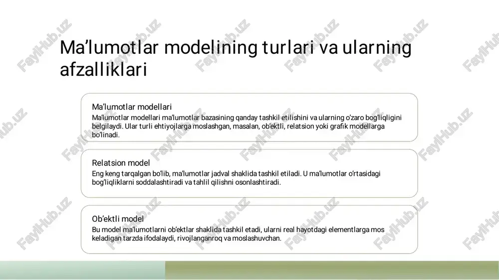 i oshirish va faqat ruxsat etilgan shaxslarga kirishni ta’minlaydi.� 4 xavfsizlikni oshirish tavsiyalari� ma’lumotlar xavfsizligini ta’minlash uchunmuntazam zaxira nusxalarini olish, parollarni kuchli qilish va foydalanuvchi kirishini nazorat qilishmuhimdir.� ma’lumotlarni qayta ishlash uchun effektli usullar va texnologiyalar� 1 ma’lumotlarni avtomatlashtirish� - effektli ma’lumot qayta ishlash uchun avtomatlashtirilgan jarayonlar vadasturiy usullar muhim. ular ma’lumotlarni tez vaaniq tahlil qilish imkonini beradi, xatoliklarni kamaytiradi.� 2 yangi texnologiyalar� - sun’iy intellekt vamashinao’rganish texnologiyalari ma’lumotlarni qayta ishlashdasamaradorlikni oshiradi. bu usullar katta hajmdagi ma’lumotlarni tezkor vaaniq tahlil qilish imkonini beradi.� 3 optimizatsiya usullari� - indeksatsiya, kesh vaparallel ishlash kabi texnikalar yordamidama’lumotlar bazasi operatsiyalarini tezlashtirish mumkin. bu, ayniqsa, kattama’lumotlar bilan ishlashdamuhim.� qidirish algoritmlari va mazmunli ma’lumotlarni topish usullari� 01� qidirish algoritmlari� ma’lumotlarni samarali topish uchun qidirish algoritmlari ishlab chiqiladi. ular ma’lumotlar bazasida tez vaaniq natijalar olish imkonini taqdim etadi.� 02� mazmunli ma’lumotlar� qidirishdamazmunli ma’lumotlarni aniqlash uchunmazmun analiz algoritmlari qo‘llanadi. bu usul yordamida relevans vasifat oshadi.� 03� indekslar va …