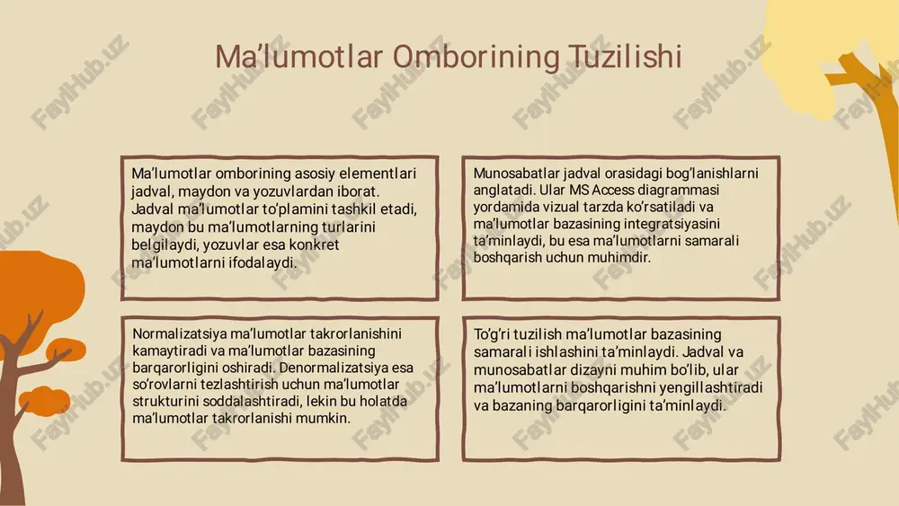 a'lumotlarni boshqarish, tahlil qilish uchun jadval, so'rov, hisobot va makrolardan foydalanadi, bu esama'lumotlarni samarali va tez tahlil qilish imkonini beradi.� ma’lumotlar bazasini boshqarish� ma'lumotlar bazasini boshqarish, optimallashtirish, xavfsizl ik va tahlil qil ish imkoniyatlarini taqdim etadi, bu esa foydalanuvchilarga ma'lumotlarni xavfsiz va samarali tarzda boshqarish imkonini beradi.� foydalanuvchilar uchun imkoniyatlar� interfeys qulayliklari, ma'lumotlar kiritish, tahrirlash, hisobotlar yaratish vama'lumotlarni vizuallashtirish imkoniyatlarini taqdimetadi, bu esa kichik va o'rta biznes uchun mosdir.� amaliy qo'llanma va misollar� masalan, mijozlar bazasi, inventar, moliyaviy hisobotlar va real vaqt ma'lumotlari bilan ishlash, bu msaccessning keng qo'llanilishini ko'rsatadi.� ma’lumotlar omborini tashkil etish� ma’lumotlar omborini tashkil etish jarayoni, jadval vamunosabatlarni o‘rnatish hamda samaradorlikni oshirish usullari.� ma’lumotlar omborini tashkil etish jarayoni� dastlab, ma’lumotlarni model qil ish va jadval strukturasini belgilash muhim. bu bosqichda ma’lumotlar turlarini aniqlash va struktura yaratish jarayoni amalga oshiriladi.� jadval va munosabatlar o‘rnatish� jadval va munosabatlarni o‘rnatish normalization va bog‘lanishlarni tashkil etish uchun muhim. bu, ma’lumotlar bazasining …