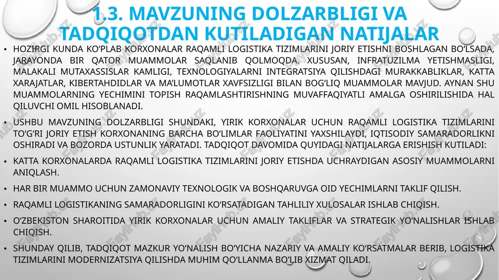 ’zi korxonalarda raqamli transformatsiya bo‘yicha aniq strategiyaning yo‘qligi ham joriy etilayotgan texnologiyalarning samaradorligini pasaytiradi. ma’lumotlar bilan ishlash tizimidagi muammolar, xususan, ma’lumotlarning sifatsizligi, takrorlanishi, noto‘g‘ri kiritilishi, real vaqt rejimida almashmasligi logistika zanjirida kechikishlar va xatoliklarga sabab bo‘ladi. shuningdek, xalqaro tashishlarda huquqiy-me’yoriy cheklovlar, turli davlatlar qonunchiliklarining mos kelmasligi ham jarayonlarni murakkablashtiradi. 4. raqamli logistika tizimlarini joriy etish bo‘yicha yechimlar raqamli logistika tizimlarining samarali joriy etilishi uchun texnik, moliyaviy, tashkiliy va huquqiy yechimlar majmuasi talab etiladi. texnik yechimlar sifatida bulutli texnologiyalarni qo‘llash, erp – wms – tms tizimlari o‘rtasida integratsiyalashgan platforma yaratish, iot moslamalarini ishonchli ishlab chiqaruvchilardan xarid qilish va kiberxavfsizlikni kuchaytirish muhim ahamiyat kasb etadi. bunday texnik yechimlar jarayonlarning uzluksizligi va ma’lumotlar xavfsizligini ta’minlaydi. moliyaviy yechimlar sifatida korxonalar raqamlashtirish jarayonini bosqichma-bosqich amalga oshirishi, it resurslarini lizing asosida xarid qilishi yoki davlat tomonidan taqdim etiladigan grant va subsidiyalardan foydalanishi mumkin. shu orqali korxona xarajatlarni maqsadli boshqarish va investitsiya xavfini kamaytirishga erishadi. tashkiliy yechimlar …