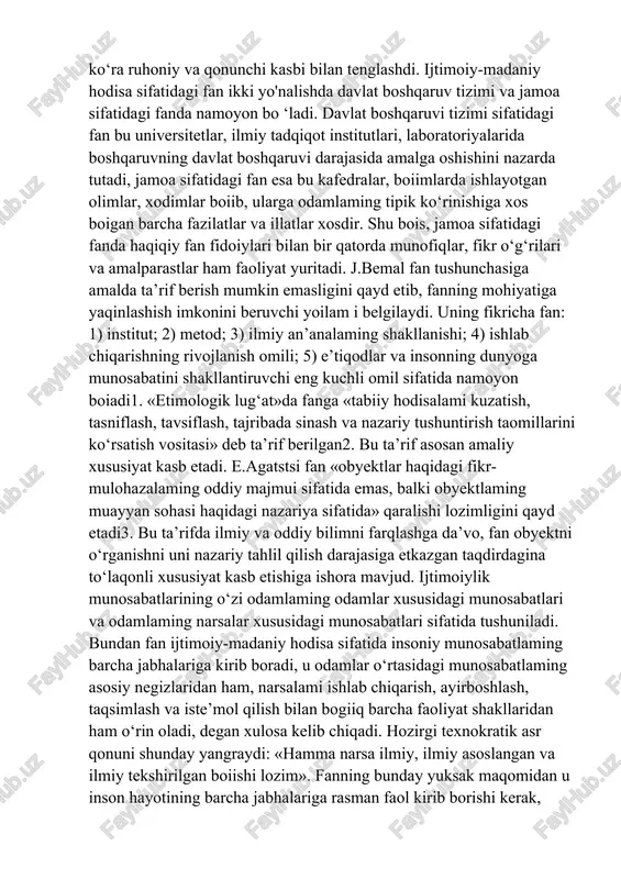 esa bu kafedralar, boiimlarda ishlayotgan olimlar, xodimlar boiib, ularga odamlaming tipik ko‘rinishiga xos boigan barcha fazilatlar va illatlar xosdir. shu bois, jamoa sifatidagi fanda haqiqiy fan fidoiylari bilan bir qatorda munofiqlar, fikr o‘g‘rilari va amalparastlar ham faoliyat yuritadi. j.bemal fan tushunchasiga amalda ta’rif berish mumkin emasligini qayd etib, fanning mohiyatiga yaqinlashish imkonini beruvchi yoilam i belgilaydi. uning fikricha fan: 1) institut; 2) metod; 3) ilmiy an’analaming shakllanishi; 4) ishlab chiqarishning rivojlanish omili; 5) e’tiqodlar va insonning dunyoga munosabatini shakllantiruvchi eng kuchli omil sifatida namoyon boiadi1. «etimologik lug‘at»da fanga «tabiiy hodisalami kuzatish, tasniflash, tavsiflash, tajribada sinash va nazariy tushuntirish taomillarini ko‘rsatish vositasi» deb ta’rif berilgan2. bu ta’rif asosan amaliy xususiyat kasb etadi. e.agatstsi fan «obyektlar haqidagi fikr-mulohazalaming oddiy majmui sifatida emas, balki obyektlaming muayyan sohasi haqidagi nazariya sifatida» qaralishi lozimligini qayd etadi3. bu ta’rifda ilmiy va oddiy bilimni farqlashga da’vo, fan obyektni o‘rganishni uni nazariy tahlil qilish darajasiga etkazgan taqdirdagina to‘laqonli …
