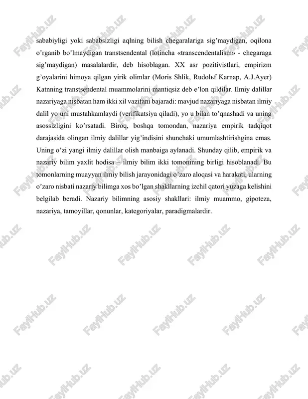 gan ilmiy dalillar yigʼindisini shunchaki umumlashtirishgina emas. uning oʼzi yangi ilmiy dalillar olish manbaiga aylanadi. shunday qilib, empirik va nazariy bilim yaxlit hodisa – ilmiy bilim ikki tomonining birligi hisoblanadi. bu tomonlarning muayyan ilmiy bilish jarayonidagi oʼzaro aloqasi va harakati, ularning oʼzaro nisbati nazariy bilimga xos boʼlgan shakllarning izchil qatori yuzaga kelishini belgilab beradi. nazariy bilimning asosiy shakllari: ilmiy muammo, gipoteza, nazariya, tamoyillar, qonunlar, kategoriyalar, paradigmalardir.