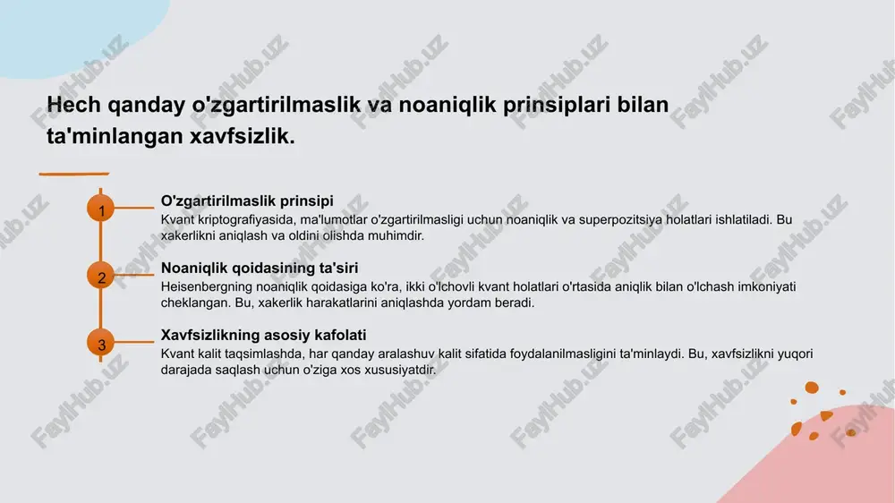 davlat va moliyaviy sektorlarda muhim. 3 amaliy ilovalar - kvant texnologiyalari keng ko‘lamli sohalarda qo‘llaniladi, jumladan, bankiy ulanishlar, sog‘liqni saqlash va hukumat kommunikatsiyalarida xavfsizlikni ta'minlash uchun foydalaniladi. 4 kelajak imkoniyatlari - kvant texnologiyalari rivojlanishi bilan, ularning imkoniyatlari kengaymoqda. bu, yangi kommunikatsiya shakllari, shifrlash protokollari va global xavfsizlik tizimlarining asosidir. kvant kalit taqsimlash protokollarining kundalik kommunikatsiyadagi qo'llanilishi 1 xavfsizlikni oshirish - kvant kalit taqsimlash protokollari kundalik aloqa uchun yuqori xavfsizlikni ta'minlaydi, chunki ular kvant mexanika qonunlariga asoslangan holda shifrlashni himoya qiladi. 2 tez va samarali uzatish - bu protokollar yordamida kalitlar tez va ishonchli tarzda uzatilib, kundalik ma'lumot almashinuvi uchun qulay va amaliy yechimlar taqdim etadi. 3 mobil va internet xizmatlari - mobil operatorlar va internet provayderlari kvant texnologiyalarni qo'llab, foydalanuvchilarga xavfsiz va shifrlangan aloqa imkoniyatlarini kengaytirmoqda. 4 keng tarqalish imkoniyati - texnologiyaning rivojlanishi bilan kvant kalit taqsimlash kundalik kommunikatsiyada keng qo'llanila boshlaydi, bu esa global miqyosda ma'lumot xavfsizligini oshiradi. kriptografik …