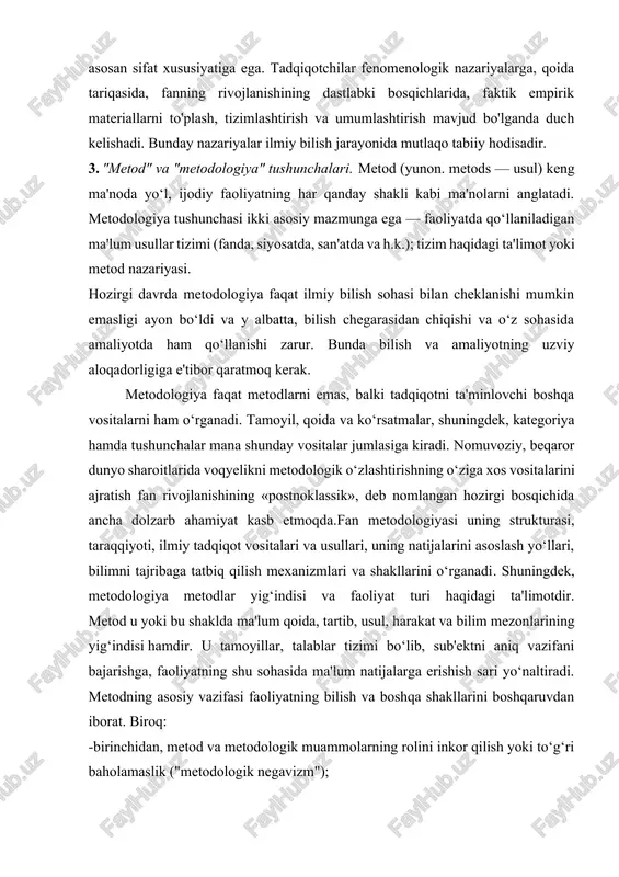 yoki metod nazariyasi. hozirgi davrda metodologiya faqat ilmiy bilish sohasi bilan cheklanishi mumkin emasligi ayon bo‘ldi va y albatta, bilish chegarasidan chiqishi va o‘z sohasida amaliyotda ham qo‘llanishi zarur. bunda bilish va amaliyotning uzviy aloqadorligiga e'tibor qaratmoq kerak. metodologiya faqat metodlarni emas, balki tadqiqotni ta'minlovchi boshqa vositalarni ham o‘rganadi. tamoyil, qoida va ko‘rsatmalar, shuningdek, kategoriya hamda tushunchalar mana shunday vositalar jumlasiga kiradi. nomuvoziy, beqaror dunyo sharoitlarida voqyelikni metodologik o‘zlashtirishning o‘ziga xos vositalarini ajratish fan rivojlanishining «postnoklassik», deb nomlangan hozirgi bosqichida ancha dolzarb ahamiyat kasb etmoqda.fan metodologiyasi uning strukturasi, taraqqiyoti, ilmiy tadqiqot vositalari va usullari, uning natijalarini asoslash yo‘llari, bilimni tajribaga tatbiq qilish mexanizmlari va shakllarini o‘rganadi. shuningdek, metodologiya metodlar yig‘indisi va faoliyat turi haqidagi ta'limotdir. metod u yoki bu shaklda ma'lum qoida, tartib, usul, harakat va bilim mezonlarining yig‘indisi hamdir. u tamoyillar, talablar tizimi bo‘lib, sub'ektni aniq vazifani bajarishga, faoliyatning shu sohasida ma'lum natijalarga erishish sari yo‘naltiradi. metodning asosiy vazifasi …