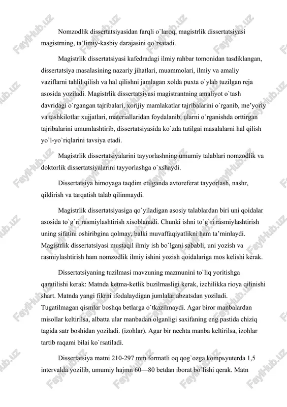 magan qismlar boshqa betlarga o`tkazilmaydi. agar biror manbalardan misollar keltirilsa, albatta ular manbadan olganligi saxifaning eng pastida chiziq tagida satr boshidan yoziladi. (izohlar). agar bir nechta manba keltirilsa, izohlar tartib raqami bilai ko`rsatiladi. dissertatsiya matni 210-297 mm formatli oq qog`ozga kompyuterda 1,5 intervalda yozilib, umumiy hajmn 60—80 betdan iborat bo`lishi qerak. matn qog`ozda yuqoridan 20 mm, pastdan 25 mm, chapdan 30 mm. o`ngdan 10 mm xoshiya qoldirilib teriladi. (4 -ilovaga qarang). matndagi har bir bob yangi betdan yoziladi. bobning nomi yoki sarlavhasi asosiy matndan qo`shimcha interval bilan ajratiladi. bob nomidan keyin paragraf nomi yoziladi. magistrlik dissertatsiyasi o`zbek, rus va ingliz tillarida yozilishi mumkin. magistrlik dissertatsiyasi kompyuterda 14 - shriftda 1,5 interval oraliqda teriladi. betlarniing tartib raqami varaqning yuqori o`ng tomoniga yoki pastdan o`rtaga qo`yiladi. dissertatsiyaning titul varog`i namunaga mos bo`lishi kerak. (3—ilovaga qarang): dissertatsiyaning nomi 16 - shriftda; muallifning ismi, familiyasi 14—shriftda; malakasi 14—shriftda; kafedra nomi 14 — shriftda; darajasi …