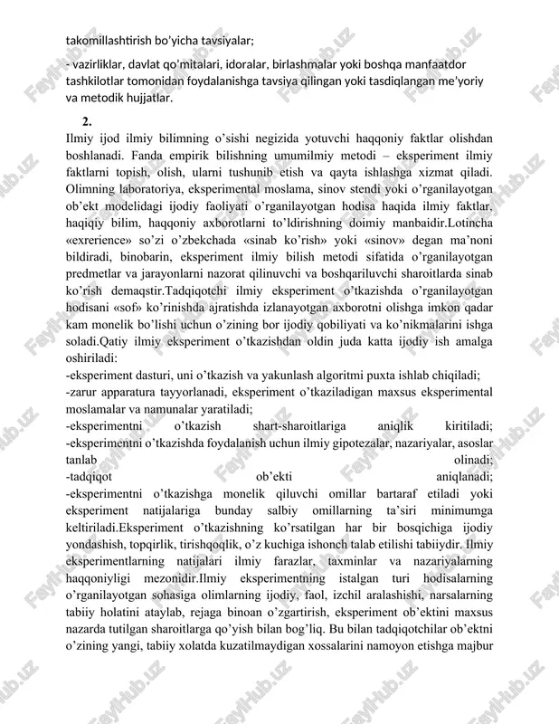 arini qo’llagan holda o’rganishnig zarurligi bilan shartlanganligini ko’rsatib berishi zarur.dissertastiyaning amaliy ahamiyati ko’p jihatdan tadqiqotchi tomonidan bajarilayotgan ilmiy ishning tavsifi bilan belgilanadi. nazariy va metodologik tavsifdagi dissertastiyalar metodik yoki tatbiqiy tavsifdagi ishlarga nisbatan bavosita ifodalangan amaliy ahamiyatga ega. agar dissertastiya metodologik tavsifga ega bo’lsa, u holda uning amaliy ahamiyati quyidagilar orqali namoyon bo’ladi: - tadqiqot asosiy natijalarini ilmiy maqola, monografiya, darsliklarda e’lon qilish; - mualliflik guvohnomalari, tadqiqot natijalarini amaliyotga tatbiq etish to’g’risidagi dalolatnomalar; - tadqiqot natijalarini ilmiy-amaliy konferenstiyalar va simpoziumlarda sinovdan o’tkazish; - ilmiy ishlanmalarning oliy va o’rta maxsus o’quv muassasalari o’quv jarayonlarida qo’llanilishi; - tadqiqotchining iqtisodiyot u yoki bu tarmog’ini rivojlantirish bo’yicha davlat va mintaqaviy dasturlarini ishlab chiqishda ishtirok etishi; - tadqiqot natijalaridan yangi me’yoriy va metodik hujjatlarni tayyorlashda foydalanish. agar dissertastiya metodik tavsifga ega bo’lsa, u holda uning amaliy ahamiyati ilmiy asoslangan va mamlakat iqtisodiy yoki ijtimoiy rivojlanishi eksperimental ishlari davomida sinovdan o’tgan takomillashtirish usul va vositalari tizimining …