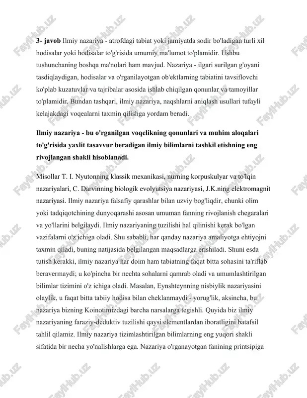 i barcha narsalarga tegishli. quyida biz ilmiy nazariyaning faraziy-deduktiv tuzilishi qaysi elementlardan iboratligini batafsil tahlil qilamiz. ilmiy nazariya tizimlashtirilgan bilimlarning eng yuqori shakli sifatida bir necha yo'nalishlarga ega. nazariya o'rganayotgan fanining printsipiga ko'ra turlarga bo'linadi. shu bilan birga, barcha muhim asosiy elementlarni saqlab qolgan holda ilmiy nazariyaning tuzilishi o'zgarmaydi. ko'p sonli nazariyalar mavjud, ularni quyidagi turlarga bo'lish mumkin: · biologik - eng qadimiylardan biri hisoblanadi, chunki ular tarixgacha paydo bo'lgan, ular, albatta, inson tanasi haqidagi tibbiy faktlar bilan birga kelgan; · kimyoviy nazariyalar - alkimyogarlar haqida birinchi eslatma miloddan avvalgi iv asrga to'g'ri keladi (vakillari - qadimgi yunoniston olimlari); · sotsiologik nazariyalar - nafaqat ijtimoiy tizimni, balki davlatlarning siyosiy jihatlarini ham birlashtiradi; · jismoniy - bu nazariyalar zamonaviy texnika fanlari rivojlanishiga asos yaratdi; · psixologik nazariyalar inson ongiga, uning ruhiga yangicha qarashga imkon beradi. ushbu ro'yxatni uzoq vaqt davomida davom ettirish mumkin, chunki barcha nazariyalar to'liq deb hisoblanmaydi, ularning ba'zilari …