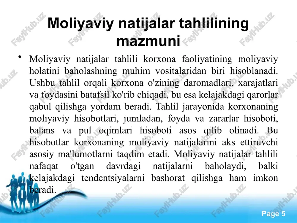 tiladi. solvensiya ko‘rsatkichlari korxona uzoq muddatli majburiyatlarini bajarish qobiliyatini baholaydi. free powerpoint templates page ‹#› xulosa ularning asosiy ko‘rinishlari, aktivlar, kapital va mahsulot rentabelligi, shuningdek, ta’sir qiluvchi omillar orqali korxonalar o‘z faoliyatini takomillashtiradilar. doimiy tahlil va moslashuv orqali rentabellik darajasini oshirish mumkin, bu esa uzoq muddatli muvaffaqiyatni ta’minlaydi. korxonalar bu ko‘rsatkichlarni nazorat qilib, risklarni minimallashtirish va imkoniyatlarni ishga solishga erishadilar. moliyaviy natijalar va rentabellik tahlili korxonalar faoliyatining eng muhim jihatlaridan biri bo'lib, u biznesning barqarorligi va rivojlanishini baholashda asosiy rol o'ynaydi. ushbu tahlil jarayonida korxonaning moliyaviy hisobotlari, xususan, foyda va zararni hisoblash, balans va pul oqimi hisobotlari batafsil ko'rib chiqiladi. free powerpoint templates page ‹#› foydalanilgan adabiyotlar o‘zbekiston respublikasi “buxgalteriya hisobi to‘g‘risida”gi qonuni. https://lex.uz o‘zbekiston respublikasi soliq kodeksi. https://lex.uz o‘zbekiston respublikasi iqtisodiyot va moliya vazirligi hisobotlari. o‘zbekiston respublikasi statistika agentligi: korxonalar moliyaviy ko‘rsatkichlari. https://stat.uz shodmonov sh., yusupov m. iqtisodiy tahlil asoslari. toshkent: “moliyachi”, 2021. abdukarimov b., xoshimov a. moliyaviy tahlil. …
