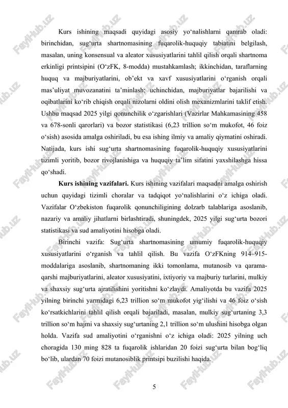 hi sug‘urta shartnomasining fuqarolik-huquqiy xususiyatlarini tizimli yoritib, bozor rivojlanishiga va huquqiy ta’lim sifatini yaxshilashga hissa qo‘shadi. kurs ishining vazifalari. kurs ishining vazifalari maqsadni amalga oshirish uchun quyidagi tizimli choralar va tadqiqot yo‘nalishlarini o‘z ichiga oladi. vazifalar o‘zbekiston fuqarolik qonunchiligining dolzarb talablariga asoslanib, nazariy va amaliy jihatlarni birlashtiradi, shuningdek, 2025 yilgi sug‘urta bozori statistikasi va sud amaliyotini hisobga oladi. birinchi vazifa: sug‘urta shartnomasining umumiy fuqarolik-huquqiy xususiyatlarini o‘rganish va tahlil qilish. bu vazifa o‘zfkning 914–915-moddalariga asoslanib, shartnomaning ikki tomonlama, mutanosib va qarama-qarshi majburiyatlarini, aleator xususiyatini, ixtiyoriy va majburiy turlarini, mulkiy va shaxsiy sug‘urta ajratilishini yoritishni ko‘zlaydi. amaliyotda bu vazifa 2025 yilning birinchi yarmidagi 6,23 trillion so‘m mukofot yig‘ilishi va 46 foiz o‘sish ko‘rsatkichlarini tahlil qilish orqali bajariladi, masalan, mulkiy sug‘urtaning 3,3 trillion so‘m hajmi va shaxsiy sug‘urtaning 2,1 trillion so‘m ulushini hisobga olgan holda. vazifa sud amaliyotini o‘rganishni o‘z ichiga oladi: 2025 yilning uch choragida 130 ming 828 ta fuqarolik ishlaridan 20 …