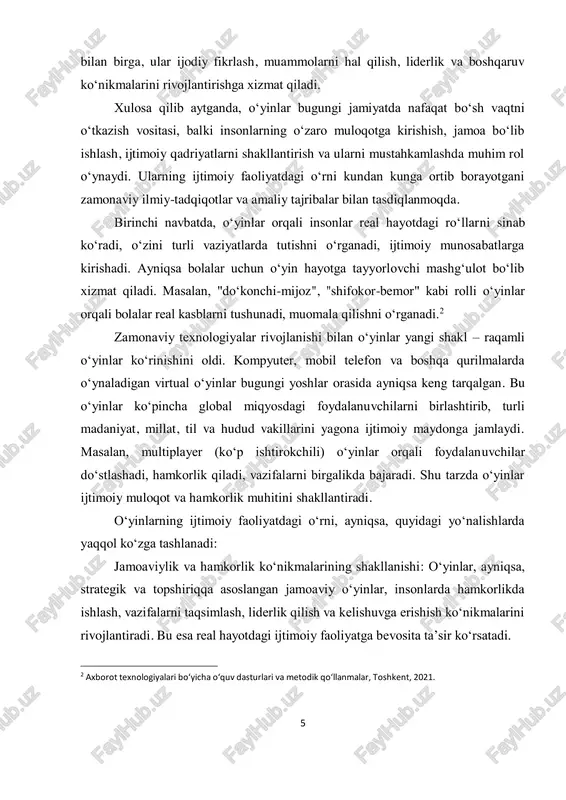 tasi sifatida xizmat qiladi. shu tariqa, o‘yinlar ruhiy salomatlikni qo‘llab- quvvatlovchi omil bo‘lishi mumkin.3 biroq o‘yinlarning ijtimoiy faoliyatdagi o‘rnini to‘liq baholash uchun faqat ijobiy jihatlar emas, balki ularning ehtimoliy salbiy oqibatlarini ham inobatga olish zarur. bu masala keyingi bo‘limlarda tahlil qilinadi. o‘yinlar inson hayotida shunchaki vaqt o‘tkazish vositasi bo‘lib qolmay, balki shaxsiy va ijtimoiy rivojlanishga ta’sir ko‘rsatadigan muhim omilga aylanmoqda. ular orqali jamiyatdagi turli guruhlar birlashadi, shaxslararo muloqot kuchayadi, ijtimoiy rollar va qadriyatlar shakllanadi. shu sababli o‘yinlarni ijtimoiy faoliyatning samarali va nazorat ostidagi bir shakli sifatida rivojlantirish zamonaviy jamiyat uchun dolzarb vazifadir. 3 “raqamli o‘yinlar va yoshlar”, o‘zbekiston yoshlar ittifoqi, 2023. 7 2. raqamli o‘yinlar va virtual ijtimoiy muhit axborot-kommunikatsiya texnologiyalarining jadal rivojlanishi hayotimizning barcha jabhalariga, xususan, ko‘ngilochar faoliyatga ham sezilarli ta’sir ko‘rsatdi. shu jumladan, o‘yinlar ham yangi bosqichga ko‘tarilib, raqamli shaklga o‘tdi. kompyuter, smartfon, planshet va boshqa zamonaviy qurilmalar orqali o‘ynaladigan raqamli o‘yinlar bugungi jamiyatda keng ommalashgan. ayniqsa, internet …