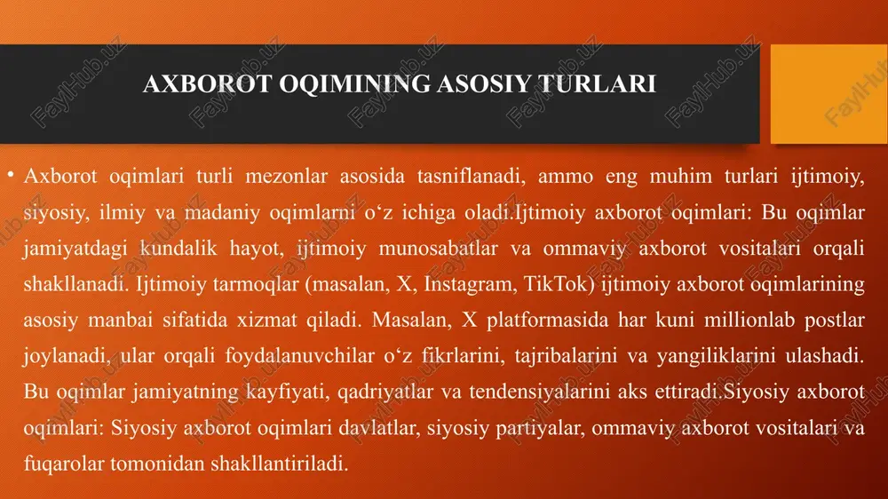lqaro yangiliklarni tarqatishda muhim rol o‘ynaydi. ular orqali tarqalgan axborot oqimlari dunyoning turli burchaklaridagi voqealarni bir zumda global auditoriyaga yetkazadi. shu bilan birga, globalizatsiya axborot oqimlarining notekis taqsimlanishi muammosini ham keltirib chiqardi. masalan, rivojlangan mamlakatlar axborot oqimlarini ishlab chiqarish va tarqatishda yetakchi o‘rinni egallasa, rivojlanayotgan mamlakatlar ko‘pincha faqat axborot iste’molchisi sifatida qolmoqda. axborot madaniyatining mazmuni va vazifalari axborot madaniyati – bu jamiyatning axborot resurslaridan foydalanish, ularni tahlil qilish va samarali boshqarish qobiliyatini aks ettiruvchi tushuncha. axborot madaniyati shaxsning axborotni qidirish, tahlil qilish, baholash va undan foydalanish ko‘nikmalarini o‘z ichiga oladi. shu bilan birga, axborot madaniyati axborot texnologiyalaridan foydalanishda axloqiy va huquqiy normalarga rioya qilishni ham talab qiladi. axborot madaniyatining asosiy vazifalari quyidagilardan iborat:axborot savodxonligini oshirish: axborot madaniyati shaxslarga axborotni tanqidiy tahlil qilish, ishonchli manbalarni aniqlash va noto‘g‘ri ma’lumotlardan qochish imkonini beradi. masalan, google scholar yoki jstor kabi platformalardan foydalanish ilmiy ma’lumotlarni qidirishda axborot savodxonligini oshiradi. axborot xavfsizligini ta’minlash: axborot madaniyati …