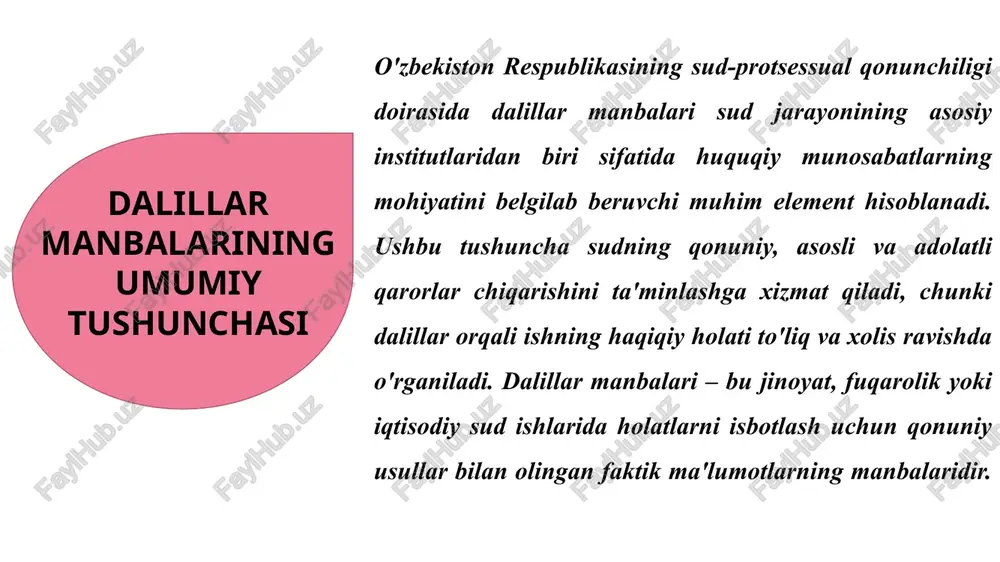 lar orqali olingan audio, video, foto materiallar. texnik dalillar; protsessual tartibda yig'iladi. tergov bayonnomalari surishtiruv va tergov natijalari (ko'zdan kechirish, tanib olish bayonnomalari). umumiy protsessual hujjatlar; bilvosita manbalar. boshqa manbalar shaxsiy hujjatlar, guvohliklar, maxsus mutaxassislar xulosalari. jpk umumiy qoidalari; qo'shimcha vositalar. xulosa dalillar manbalarini yig‘ish va rasmiylashtirish tartibi huquqiy jarayonning poydevori bo‘lib, uning samaradorligi jamiyatdagi adolat va qonun ustuvorligini ta’minlaydi. yig‘ish jarayonining tizimliligi, qonuniylik talablarining qat’iy amalga oshirilishi va tekshirish-baholash tamoyillarining chuqur qo‘llanilishi orqali dalillar zanjiri uzluksiz va ishonchli bo‘ladi. ushbu tartibni takomillashtirish uchun raqamli texnologiyalarni joriy etish, xodimlarni doimiy o‘qitish va xalqaro standartlarga moslashish zarur. natijada, bu nafaqat jinoyatlarni ochishni osonlashtiradi, balki fuqarolar huquqlarini himoya qilishni kuchaytiradi, jamiyatda ishonchni mustahkamlaydi. foydalanilgan adabiyotlar o‘zbekiston respublikasi konstitutsiyasi. https://lex.uz o‘zbekiston respublikasi jinoyat-protsessual kodeksi. https://lex.uz o‘zbekiston respublikasi fuqarolik-protsessual kodeksi. https://lex.uz o‘zbekiston respublikasi ma’muriy sud ishlarini yuritish to‘g‘risidagi kodeksi. https://lex.uz “sudlar to‘g‘risida”gi qonun. https://lex.uz o‘zbekiston respublikasi oliy sudining plenum qarorlari to‘plami. https://www.supreme.court.uz image1.png image2.png …