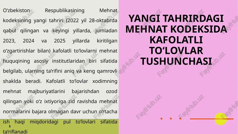 chuqur tahlil shuni ko‘rsatadiki, tartibning samaradorligi raqamlashtirish va doimiy monitoring orqali oshirilishi mumkin, bu esa mehnat nizolarini kamaytirib, iqtisodiy o‘sishga hissa qo‘shadi. foydalanilgan adabiyotlar • o‘zbekiston respublikasining mehnat kodeksi (yangi tahriri). https://lex.uz/ru/docs/6308463 • “aholi bandligiga oid kafolatlar to‘g‘risida”gi qonun. https://lex.uz/docs/5016153 • “kasaba uyushmalari to‘g‘risida”gi qonun. https://lex.uz/docs/37100 • o‘zbekiston respublikasi vazirlar mahkamasining mehnatga haq to‘lash tartibi bo‘yicha qarorlari. https://lex.uz • o‘zbekiston respublikasi adliya vazirligining mehnat sohasiga oid hujjatlari. https://minjust.uz • o‘zbekiston respublikasi bandlik va mehnat munosabatlari vazirligi materiallari. https://mehnat.uz 15 image1.png image2.png /docprops/thumbnail.jpeg