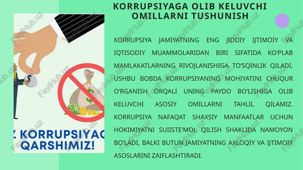 shuningdek, raqamlashtirish va ochiqlik choralarini joriy etish orqali sezilarli natijalarga erishilmoqda. foydalanilgan adabiyotlar ro‘yxati o‘zbekiston respublikasi konstitutsiyasi. https://lex.uz o‘zbekiston respublikasi “korrupsiyaga qarshi kurashish to‘g‘risida”gi qonuni (2017). https://lex.uz/acts/3107042 o‘zbekiston respublikasi jinoyat kodeksi. https://lex.uz/docs/111453 o‘zbekiston respublikasi ma’muriy javobgarlik to‘g‘risidagi kodeksi. https://lex.uz/docs/97664 o‘zbekiston respublikasi prezidenti qarori: “korrupsiyaga qarshi kurashish agentligini tashkil etish to‘g‘risida” (2020). https://lex.uz image1.png image2.png image3.png image4.png image5.png image6.png image7.png /docprops/thumbnail.jpeg