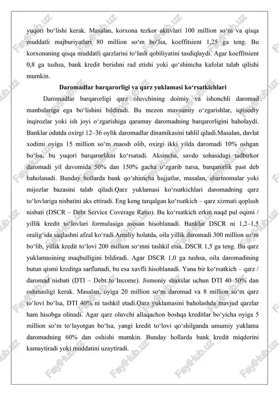 oshmasligi kerak. masalan, oyiga 20 million so‘m daromad va 8 million so‘m qarz to‘lovi bo‘lsa, dti 40% ni tashkil etadi.qarz yuklamasini baholashda mavjud qarzlar ham hisobga olinadi. agar qarz oluvchi allaqachon boshqa kreditlar bo‘yicha oyiga 5 million so‘m to‘layotgan bo‘lsa, yangi kredit to‘lovi qo‘shilganda umumiy yuklama daromadning 60% dan oshishi mumkin. bunday hollarda bank kredit miqdorini kamaytiradi yoki muddatini uzaytiradi. o‘zbekiston sharoitida katm (kredit axborot tizimi markazi) tizimining ro’li o‘zbekiston respublikasida kredit bozori rivojlanishi bilan kredit axborot almashinuvi muhim ahamiyat kasb etmoqda. katm tizimi mamlakatdagi barcha bank va moliya muassasalari o‘rtasida kredit tarixini yig‘ish, qayta ishlash va taqdim etishni ta’minlaydi. bu tizim kreditga layoqatlilik tahlilini sifatli va tezkor amalga oshirishga yordam beradi. kredit tarixini yig‘ish, qayta ishlash va banklarga taqdim etish katm tizimi qarz oluvchilarning barcha kredit operatsiyalarini markazlashtirilgan bazada saqlaydi. har bir bank kredit berish yoki qaytarish haqidagi ma’lumotlarni tizimga kiritadi. bu jarayon qarz oluvchining identifikatsiya raqami (pinfl) asosida …