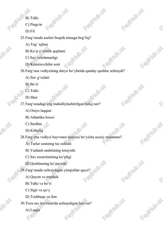 kki muhitda yashovchilar. 20. sutemizuvchilar – bolalarini sut bilan boqadigan hayvonlar. 21. qushlar – patli, tuxum qo‘yuvchi hayvonlar sinfi. 22. entomofauna – hasharotlar dunyosi. 23. ichki suv faunasi – daryo, ariqlar va ko‘llardagi hayvonlar. 24. endemizm – hududga xos hayvon turlarining mavjudligi. 25. trofik zanjir – oziqlanish zanjiri. 26. biom – keng ekologik hudud turidagi tabiat majmuasi. 27. ekologik nisbat – tur va muhit o‘rtasidagi bog‘liqlik. 28. invisiv tur – boshqa hududdan kirib kelgan hayvon turi. 29. ekologik stress – muhitdagi keskin o‘zgarish ta’siri. 30. areal – hayvon turining yoyilish hududi. 31. bioindikator – ekologik holatni ko‘rsatuvchi hayvon turi. 32. zoogigiyena – hayvonlar salomatligini o‘rganadigan yo‘nalish. 33. ozuqa bazasi – hayvonlarning mavjud oziq manbalari. 34. tabiiy muhofaza hududi – hayvonlarni asrash zonasi. 35. qo‘riqxona – hayvon va o‘simliklarni himoya qiluvchi hudud. 36. buyurtmaxona – noyob hayvonlar saqlanadigan maxsus yerlar. 37. ekspeditsiya – hududni o‘rganish maqsadidagi ilmiy safar. 38. kartografiya – …