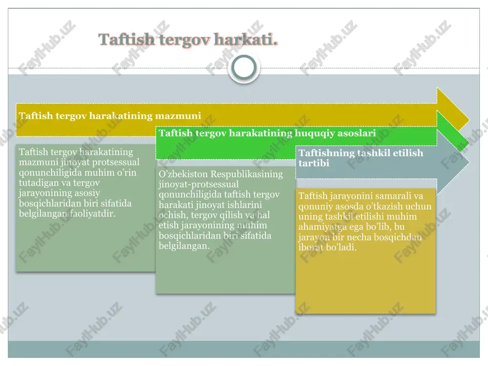 n joyni belgilash taftish o’tkaziladigan joyni belgilash jarayonning amaliy qismini tashkil etadi va u taftishning maqsadlariga mos kelishi kerak. joyni tanlashda bir nechta omillar hisobga olinadi: ob’ektning geografik o’rni, infratuzilmasi, xavfsizlik darajasi va logistika qulayligi. avvalo, joy taftish buyrug’ida ko’rsatilgan manzil asosida aniqlanadi, lekin agar bir nechta filiallar bo’lsa, unda prioritlar belgilanadi. masalan, markaziy ofis yoki asosiy ishlab chiqarish joyi birinchi navbatda tanlanadi. joyni belgilashda ob’ektning ichki tuzilishi o’rganiladi: xonalar, arxivlar, server xonalari va boshqa muhim zonalar. bu zonalar taftish guruhiga oldindan xarita yoki sxema shaklida taqdim etiladi.joyni belgilashda logistika muhim rol o’ynaydi. taftish guruhining transporti, yashash joyi va ovqatlanishi rejalashtiriladi. xulosa xulosa qilib aytganda, taftish tergov harakati jinoyatni fosh qilishda eng muhim vositalardan biri bo’lib, uning to’g’ri o’tkazilishi adolatli sud jarayonining asosini tashkil etadi. u nafaqat moddiy dalillarni yig’ish, balki jinoyat mexanizmini tushunish va aybdorlarni aniqlashda hal qiluvchi ahamiyatga ega. qonunchilikdagi cheklovlar va tartib-qoidalar taftishning qonuniyligini ta’minlasa, zamonaviy usullar …