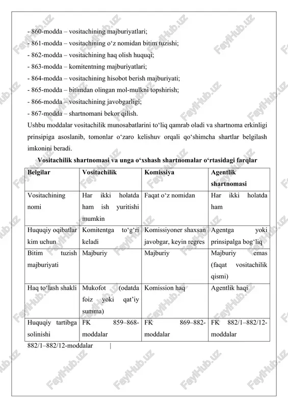 a, shartnoma haqiqiy emas deb topilishi mumkin (fk 155-modda). tomonlarning huquq va majburiyatlari vositachining asosiy majburiyatlari (fk 860-modda): 1. komitent ko‘rsatmalariga qat’iy rioya qilish; 2. bitimlarni eng qulay shartlarda tuzish; 3. olingan pul mablag‘lari va mol-mulkni zudlik bilan topshirish; 4. hisobot taqdim etish; 5. bitim tuzish imkoni bo‘lmasa, bu haqda darhol xabar berish. komitentning asosiy majburiyatlari (fk 863-modda): 1. vositachiga zarur hujjatlar va ma’lumotlarni berish; 2. vositachi xarajatlarini qoplash; 3. mukofot to‘lash; 4. vositachining hisobotini qabul qilish. vositachi zimmasiga yuklatiladigan javobgarlik va vakolatlar doirasi vositachi komitent ko‘rsatmalaridan chetlashsa va bu oqibatda zararga olib kelsa, javobgar bo‘ladi (fk 866-modda). lekin agar chetlashish komitent manfaatiga xizmat qilgan bo‘lsa va vositachi buni isbotlay olsa, javobgarlikdan ozod qilinadi. masalan, komitent “uy sotilishi kerak, narxi 1 mlrd 200 mln so‘m” deb ko‘rsatma bergan. vositachi 1 mlrd 300 mln so‘mga sotgan. bu holatda chetlashish komitent manfaatiga mos kelganligi uchun javobgarlikka tortilmaydi. vositachining vakolatlari doirasi shartnomada aniq …