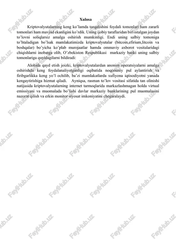 rasmiy ishlamaydi. “bitcoin” moliya tizimiga yomon ta’sir etishi mumkin, shu sababli ko’ davlatlar kriptovalyutaga ishonchsizlik bilan qaraydi. rossiyada “bitcoin” yetishtirish bilan shug’ullanganlarni javobgarlikka tortish bo’yicha qonun tayyorlashgan, lekin hali to’liq kuchga kirmagan. kriptovalyutalar ishlab chiqilgan yili belgilanish kriptografik algoritm ishlab chiqishda foydalanilgan dasturlash tili bitcoin 2009 btc,xbt sha-256d c++ litecoin 2011 ltc scrypt c++ dogecoin 2013 doge,xdg scrypt c++ ripple 2013 xrp ecdsa nomalum dash 2014 dash x11 nomalum monero 2014 xmr cryptonight nomalum ether/ethereum 2015 eth ethash nomalum kriptohamyon kriptovalyuta yig’sih yoki saqlash uchun mahsus mo’ljallangan kriptovalyuta hamyonlari mavjud. hamyon shaxsiy kalitni o’z ichiga olgan bo’ladi. bu kalit esa blokcheyn tizimidagi kriptovalyutalarni sarf qilish imkonini beradi. xar bir hamyon o’zi qo’llab quvvatlaydigan barcha aktiv balanslarni ko’rsatib turadi va muayyan odamga ma’lum bir miqdordagi summani o’tkazish imkonini beradi. kriptovalyuta hamyonlarininng turlari quyidagilar: uskuna ko’rinishidagi hamyonlar: - mahsus aparat kriptovalyuta hamyonlari; - kompyuter hamyonlar; - mobil hamyonlar; b)onlayn kriptovalyuta hamyonlari; c)qog’oz …