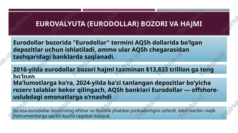 shkil qilgan — bu 2022-yilda bo‘lgan $2,1 trillionga nisbatan keskin o‘sishdir. forward rate agreements (fra) bo‘yicha aylanma ham taxminan $0,6 trillion darajasida qayd qilingan. bu raqamlar eurovalyuta va foiz risklarini hedjlash uchun global ishtirokchilarning juda faol ekanini ko‘rsatadi. eurobozorlarning regulyatorlik jihatlaridagi raqamlar yevro pul bozorida (euro money market) tartibga solinmagan qismlar mavjudligi sababli, milliy sug‘urta tizimlari ma’lum operatsiyalarni qamrab olmaydi — bu ishtirokchilarga kattaroq risk olib kelishi mumkin. ecb (yevropa markaziy banki) tahlillariga ko‘ra, 2024-yilda ois segmentining o‘sishi 101% ni tashkil qilgan, bu bozor ishtirokchilari uchun foiz stavkalari bo‘yicha spekulyatsiya va hedjlash imkonini kuchaytirgan. shuningdek, ecb ma’lumotida ccp (markaziy kontragentlar) ishtiroki yuqoriligi (70%-90%) bo‘lib, bu ishonchlilik va risk boshqaruvini ta’minlashga yordam beradi. bozorning yirik qismini tashkil etuvchi secured operatsiyalar 2024-yilda kunlik €997 milliardni tashkil qilgan, ya’ni yirik garovli operatsiyalar asosiy oqim. ishtirokchilar va likvidlikdagi raqamli trendlar ecb ma’lumotiga ko‘ra, investitsiya fondlari garovsiz (unsecured) bozor operatsiyalarining taxminan 28% ni egallagan. ccplarning …