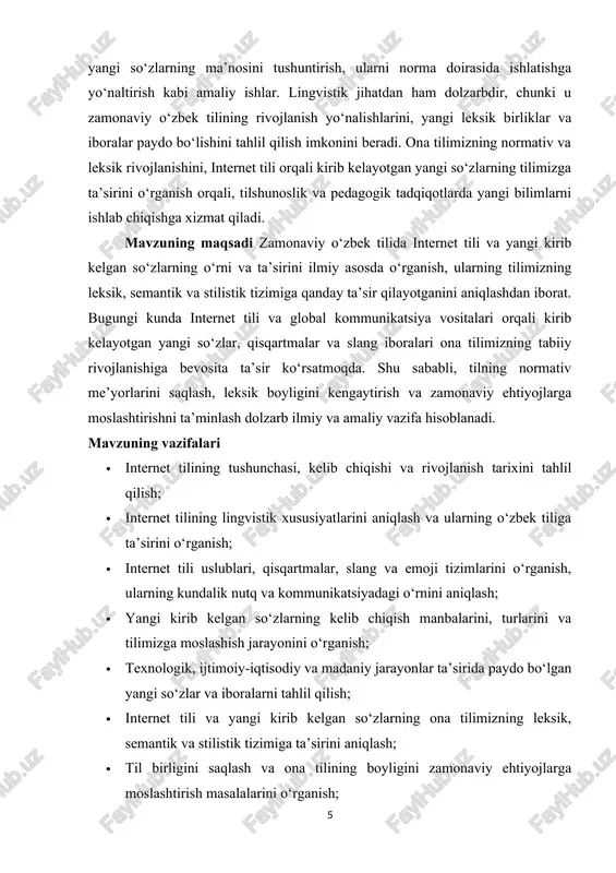 ng paydo bo‘lish jarayoni tanlangan. mavzuning predmeti internet tili va yangi kirib kelgan so‘zlarning o‘zbek tilidagi o‘rni, ularning lingvistik xususiyatlari va ona tiliga ta’siridir. internet tili orqali tez tarqaladigan iboralar, qisqartmalar, slang, memlar va xorijiy so‘zlarning o‘zbek tiliga moslashuvi, leksik boylikni oshirishi yoki normativ me’yorlarga ziddiyat tug‘dirishi kabi masalalar o‘rganiladi. yangi kirib kelgan so‘zlarning semantik, morfologik va stilistik xususiyatlari, ularning kundalik nutq va yozma muloqotda qo‘llanilishi ham tadqiqot predmeti sifatida ko‘rib chiqiladi. ushbu kurs ishining tarkibiy tuzilishi kirish ikki asosiy bob 5 paragraf xulosa va foydalanilgan adabiyotlardan iborat. i bob yangi kirib kelgan so‘zlar va ularning tili 1.1. yangi so‘zlar tushunchasi va turlari tilning rivojlanishi doimiy jarayon bo‘lib, u jamiyatning ijtimoiy, madaniy, iqtisodiy va texnologik ehtiyojlariga mos ravishda o‘zgarib boradi. shu jarayonda tilga yangi leksik birliklar kirib keladi, ularni umumiy nom bilan “yangi so‘zlar” deb atash mumkin. yangi so‘zlar – bu tilning avval mavjud bo‘lmagan, leksik va semantik jihatdan yangi …