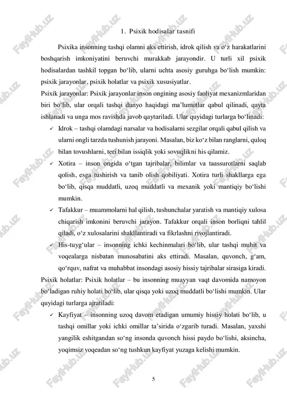 idual jihatlardir. ushbu hodisalarni chuqur o‘rganish inson ruhiyatini tushunish va hayot sifatini yaxshilashga yordam beradi. 7 2. psixik jarayonlarning fiziologik asoslari psixik jarayonlar insonning tashqi dunyoni idrok etishi, axborotni qayta ishlashi va unga mos ravishda javob berishida muhim rol o‘ynaydi. ushbu jarayonlarning fiziologik asoslari nerv sistemasi, miya va tashqi omillar bilan chambarchas bog‘liqdir. inson psixikasining rivojlanishi asosan nerv tizimi faoliyatiga, ayniqsa, miya tuzilmalari va ularning ishlashiga bog‘liq. shu bilan birga, atrof-muhit va tarbiya ham psixikaning shakllanishiga ta’sir qiladi. nerv sistemasi va psixika o‘zaro bog‘liqligi: nerv sistemasi insonning barcha fiziologik va psixik jarayonlarini boshqaruvchi asosiy tizim hisoblanadi. u organizmga kelayotgan axborotni qabul qilish, qayta ishlash va unga mos javob reaksiyalarini shakllantirish funksiyalarini bajaradi. nerv sistemasi ikki asosiy qismdan iborat:  markaziy nerv sistemasi (mns) – bu miya va orqa miyadan iborat bo‘lib, ong, tafakkur, xotira va boshqa yuqori darajali psixik jarayonlarni boshqaradi.  periferik nerv sistemasi (pns) – bu markaziy nerv …