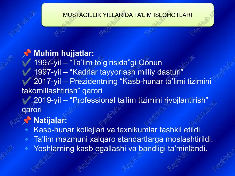 rtap va biznes loyihalarni rivojlantirish uchun maxsus grant va dasturlar ishlab chiqilgan. 📌 iqtisodiy rivojlanishga hissa qo‘shish kasb-hunar ta’limi orqali mahalliy sanoat va xizmat ko‘rsatish sohalari rivojlanmoqda. innovatsion kasb-hunar ta’limi mamlakatning eksport salohiyatini oshirishga yordam bermoqda. 📌 yangi ish o‘rinlarini yaratish kasb-hunar bitiruvchilari o‘z kasbiga mos holda yangi ish o‘rinlarini yaratmoqda. ish beruvchilarga malakali mutaxassislar yetkazib berilmoqda. mahalliy va xorijiy investitsiyalar jalb qilinib, yangi kasb-hunar markazlari ochilmoqda. 📌 natijalar: ✔ o‘zbekiston mehnat bozori uchun yuqori malakali mutaxassislar tayyorlanmoqda. ✔ yoshlarning tadbirkorlik bilan shug‘ullanish imkoniyatlari kengaymoqda. ✔ iqtisodiy barqarorlik va aholi bandligi oshmoqda. kasb-hunar ta’limining jamoatdagi o‘rni kadrlar malakasini oshirish va ularni qayta tayyorlash kadrlar malakasini oshirish va ularni qayta tayyorlash mutaxas-sisiarning kasb biiimiari va ko'nikmalarini yangilash hamda chuqurlashtirishga qaratilgan. kadrlar malakasini oshirish va ularni qayta tayyorlash ta'lim muassasalaridagi o'qish natijalariga ko'ra davlat tomonidan tasdiqlangan namunadagi guvohnorna yoki sertifikat topshiriladi. i kadrlar malakasini oshirish va ularni qayta tayyorlash tizimini tashkil etish …