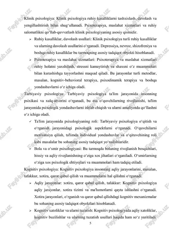 shaxsiyatni baholash usullarini ishlab chiqadi va ular yordamida insonlarning psixologik holatini aniqlash imkonini beradi. sog‘liq psixologiyasi: sog‘liq psixologiyasi sog‘liqni saqlash va psixologik farovonlikni o‘rganadi. stress va ruhiy holatning jismoniy salomatlikka ta'siri bu tarmoqning asosiy tadqiqot yo‘nalishlaridan biridir.  sog‘liqni saqlash va psixologik farovonlik: sog‘liq psixologiyasi odamlarning ruhiy va jismoniy salomatligini yaxshilashga qaratilgan. stressni boshqarish, motivatsiya va sog‘lom turmush tarzini qo‘llab-quvvatlash bu tarmoqning asosiy mavzularidir.  stress va uning ta'siri: sog‘liq psixologiyasi stressning inson salomatligiga ta'sirini o‘rganadi. stressni kamaytirish va unga qarshi turish usullari sog‘liqni yaxshilashda muhim rol o‘ynaydi. 7 2. psixologiyaning boshqa tarmoqlari psixologiyaning asosiy tarmoqlaridan tashqari, boshqa sohalarda ham psixologik yondashuvlar va ilmiy izlanishlar keng qo‘llaniladi. ushbu tarmoqlar ham inson hayotining turli jihatlarini o‘rganish va tushunishga qaratilgan, ammo ular aniq bir soha yoki muammo bilan bog‘liqdir. quyida psixologiyaning boshqa tarmoqlari va ularning xususiyatlari keltirilgan. sport psixologiyasi: sport psixologiyasi jismoniy faoliyat va sportdagi muvaffaqiyatlarni psixologik nuqtai nazardan o‘rganadi. bu tarmoq …