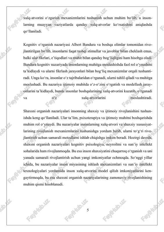 kognitiv modelda, ayniqsa, ijtimoiy o‘rganish nazariyasida, insonlarning boshqalar bilan muloqoti, namuna olish va taqlid qilish orqali yangi xulq-atvorlarni o‘zlashtirishi muhim bo‘lib, bu jarayonlar inson shaxsiyatining shakllanishida katta rol o‘ynaydi. bandura "model qilish" va "o‘z-o‘zini nazorat qilish" kabi tushunchalarni joriy qilgan bo‘lib, ular shaxsni organish jarayonining asosiy elementlaridan hisoblanadi. shaxsni organish nazariyalari insonlarning rivojlanishi va muhitga moslashish mexanizmlarini tushunishda muhim ahamiyat kasb etadi. ular ta’lim, psixoterapiya, ijtimoiy muhitni boshqarish va inson xulq-atvorining sabablari bilan bog‘liq muammolarni hal qilishda keng qo‘llaniladi. masalan, ta’lim sohasida, mualliflarning nazariyalari yordamida o‘quvchilarning qobiliyatlari va motivatsiyalari yaxshiroq tushuniladi va rivojlantiriladi. psixoterapiyada, ayniqsa, operant va kognitiv yondashuvlar, muammoli xulq-atvorlarni o‘zgartirish uchun samarali metodlar sifatida qo‘llanadi. ijtimoiy muhitni boshqarishda esa, shaxsni organish nazariyalari yordamida muhitdagi ijobiy o‘zgarishlar va insonlarning ijtimoiy muhitga moslashuvi ta’minlanadi. hozirgi vaqtda, shaxsni organish nazariyalari kognitiv psixologiya, neyroilmi va sun’iy intellekt sohalarida ham rivojlanmoqda. bu sohalardagi yutuqlar inson miya faoliyatini chuqurroq tushunishga va inson xulq-atvorini model …