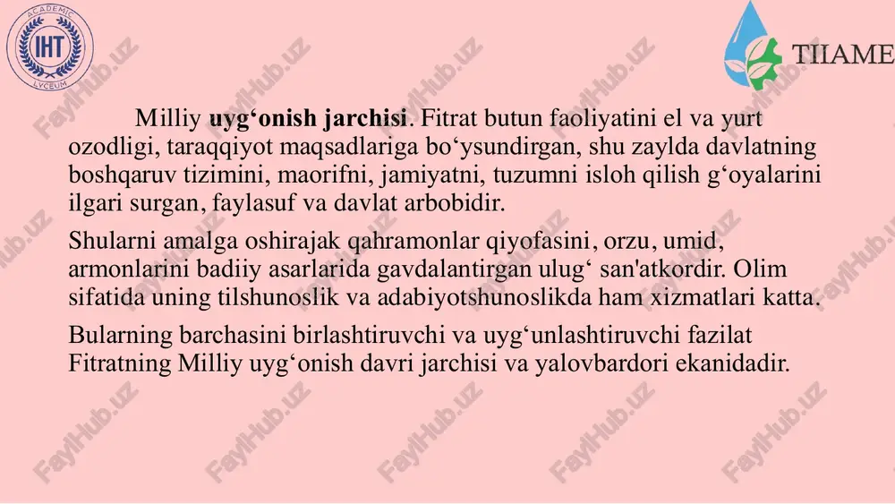 sining 11--soni soni bosmadanbosmadan chiqdichiqdi. 1923. 1923--19241924--yillarda yillarda fitratfitrat moskvadagimoskvadagi koko’’xnaxna oo’’quvquv yurtlaridanyurtlaridan biribiri bobo’’lganlgan sharqsharq tillaritillari institutidainstitutida ishlayishlay boshladiboshladi.. • fitratning ilmiy-adabiy faoliyati ham sermahsuldir. u o`zining ijtimoiy asarlari bilan yangi o`zbek fanining bir qator yo`nalishlariga asos soldi. xususan, turkiston xalqlarining boy va qadim madaniy merosini har tomonlama, chuqur ilmiy o`rganishni boshlab berdi. uning “adabiyot qoidalari”, “eski o`zbek adabiyoti namunalari”, “aruz haqida” kabi ilmiy kuzatishlari, yassaviy, umar xayyom, firdavsiy, navoiy, bedil haqidagi maqolalari o`zbek adabiyotshunosligining shakllanishida muhim rol o`ynadi. fitratning nasriy asarlari fitrat hikoyalari “qiyomat” “zayd va zaynab” “me’roj” “oq mozor” “qiyshiq eshon” “zahroning iymoni ” xx xx asrasr dramaturgiyasiningdramaturgiyasining nodirnodir namunalaridannamunalaridan bobo’’liblib qolganqolgan ““rahbarirahbari najotnajot””, , ““oilaoila””, , ““begijonbegijon””, , ““mavludimavludi sharifsharif””, , ““aboabo muslimmuslim”” kabikabi asarlariniasarlarini yozadiyozadi. u . u nafaqatnafaqat ilmiyilmiy--badiiybadiiy asarlarasarlar yozdiyozdi, , balkibalki yangiyangi usulusul--jadidjadid maktablarimaktablari uchunuchun ham ham darslikdarslik--qoqo’’llanmalarllanmalar joriyjoriy etdietdi. . masalanmasalan, , ““oo’’ququ””, , ““muhtasarmuhtasar islomislom tarixitarixi”” ““onaona tilitili””, , ““bitimbitim …