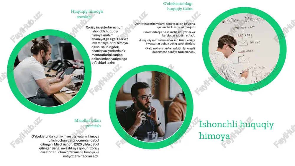 r investorlar ishonchini oshirishga yordam beradi. shuningdek, xalqaro tajribadan o'rganish va mahalliy qonunlarni yaxshilash zarurati mavjud. o'zbekiston, masalan, muvaffaqiyatli xalqaro investitsiya tajribasini o'rganishi va shunga mos ravishda qonunlarni takomillashtirishi lozim. bu investorlar uchun qulay muhit yaratishga va ularning xavfsizligini ta'minlashga yordam beradi. qo'llab-quvvatlash dasturlarining turlari davlat va xususiy sektor qo'llab-quvvatlash dasturlari investitsiyalarni rag'batlantirishda muhim rol o'ynaydi. ushbu dasturlar, xususan, xorijiy investorlarni jalb qilish va iqtisodiy rivojlanishni qo'llab-quvvatlash maqsadida ishlab chiqilgan. qo'llab-quvvatlash dasturlarining turli xil shakllari: - moliyaviy yordam va grantlar - soliq imtiyozlari - kengaytirilgan kreditlar - texnologik yordam va konsultatsiyalar misollar: masalan, davlat tomonidan beriladigan moliyaviy grantlar xorijiy investorlarni yangi loyihalarni amalga oshirishga rag'batlantiradi. shuningdek, soliq imtiyozlari orqali investorlarga uzoq muddatli foyda olish imkoniyati yaratiladi. qo'llab-quvvatlash dasturlarining samaradorligi - o'zaro aloqalar va hamkorlik darajasi - moliyaviy natijalar va investitsiyalarning o'sishi - dasturlar davomida ishtirok etgan investorlar soni samaradorlikni baholash mezonlari samaradorlikni baholash usullari - so'rovnomalar va intervyular - ma'lumotlar …