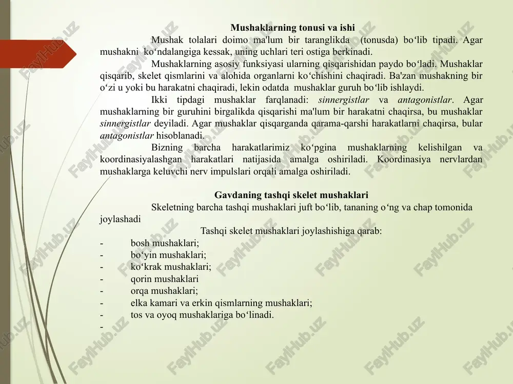 mushak tos suyaklariga birikadi. bu mushak boshqa mushaklar bilan birgalikda badanni boʻylama oʻq atrofida burish uchun xizmat qiladi. bir tomondagi qiyshiq mushak qisqarganda gavda buriladi; oʻng va chap tomondagi mushaklar birga qisqarganda esa gavda oldinga bukiladi. boʻyinning orqa tomoni va orqa mushaklari. anatomiyada bu mushaklar odatda birga yoritiladi, chunki ularning koʻplari tananing bir qismidan boshqasiga oʻtadi. bu mushaklarning asosiy funksiyasi- boʻyin va orqani yozishdir. trapesiyasimon mushak ancha katta boʻlib, orqaning yuqorigi qismini va ensani egallaydi. bu mushak ensa suyagining doʻng joyidan, barcha boʻyin va koʻkrak umurtqalarining oʻtkir oʻsiqlaridan boshlanadi, hamda oʻmrov suyagi va kurak suyagiga birikib tugaydi. trapesiyasimon mushak uchburchak shaklida boʻlib, uning asosi umurtqa pogʻonasiga qaragan, oʻng va chap tomondagi ikkala mushaklar esa trapesiyaning yonlarini hosil qiladi. bu mushak tolalari har xil yoʻnalishda ketadi, shuning uchun har xil boʻlimlarda har xil funksiyalarni bajaradi: yuqori boʻlimda-bosh va boʻyinni orqaga tashlash, oʻrta boʻlimda- kurak suyagini koʻkrak qafasining orqa yuzasiga yaqinlashtirish, pastki …